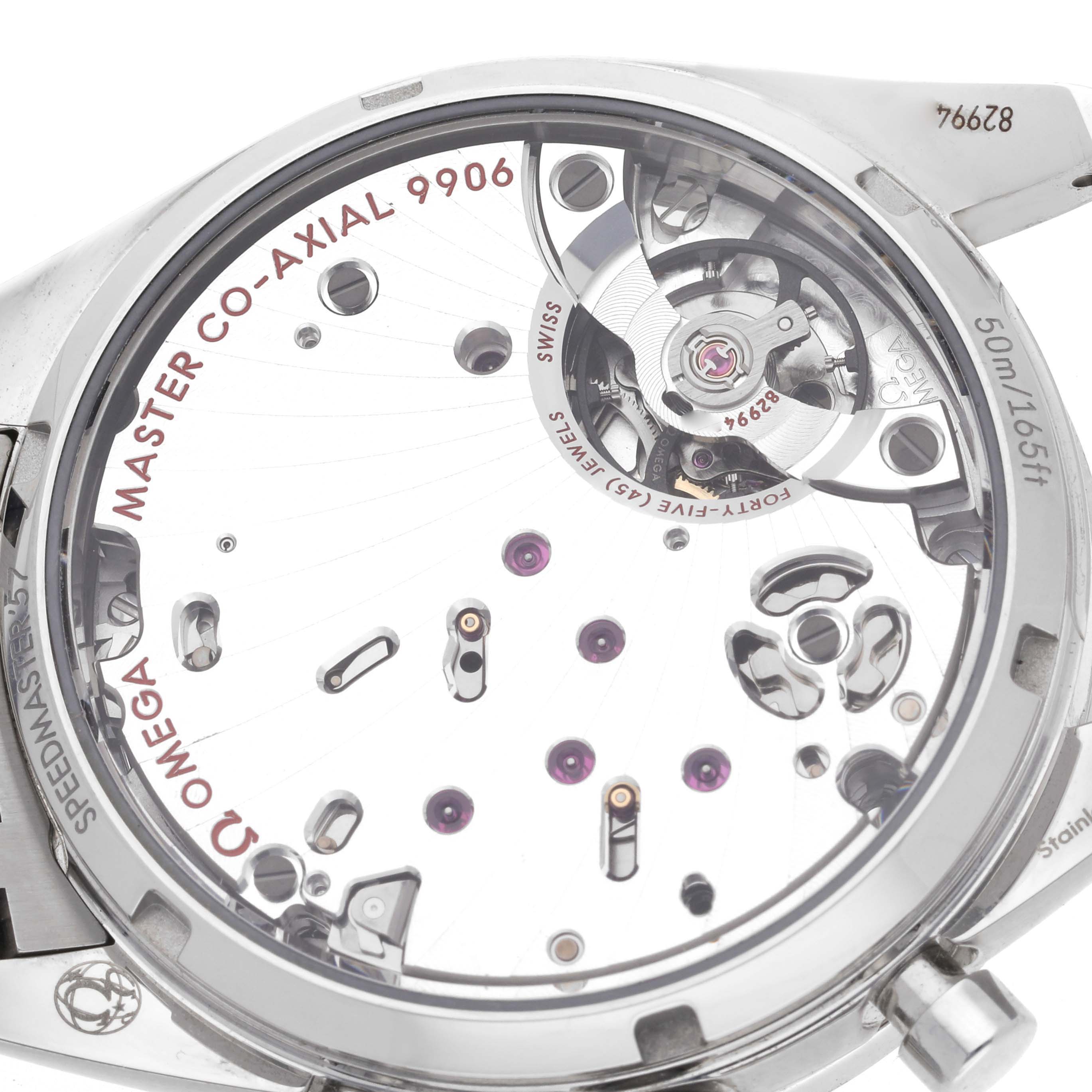 The image shows the back view of the Omega Speedmaster 332.10.41.51.03.001 Men's Stainless Steel Blue Dial 332.10.41.51.03.001 Men's Stainless Steel Blue Dial, displaying its Co-Axial 9906 movement.