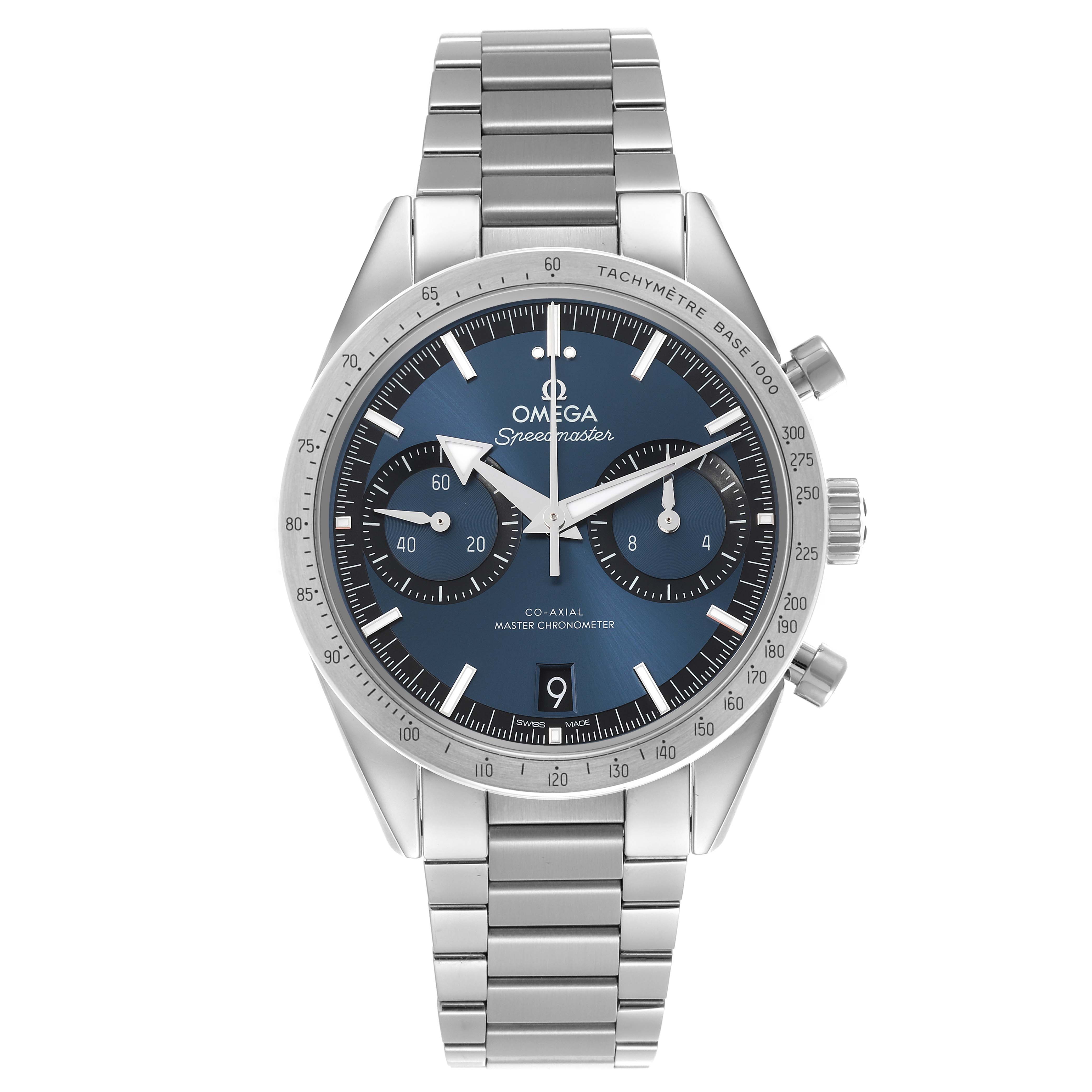 The Omega Speedmaster 332.10.41.51.03.001 Men's Stainless Steel Blue Dial 332.10.41.51.03.001 Men's Stainless Steel Blue Dial watch is shown from a front angle, displaying the face, bezel, sub-dials, and bracelet clearly.