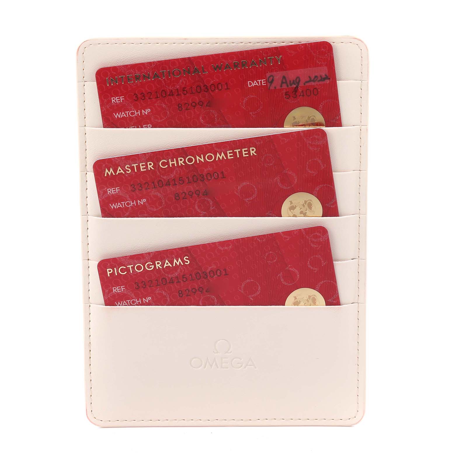 The image shows Omega Speedmaster 332.10.41.51.03.001 Men's Stainless Steel Blue Dial 332.10.41.51.03.001 Men's Stainless Steel Blue Dial model warranty cards in a white cardholder.