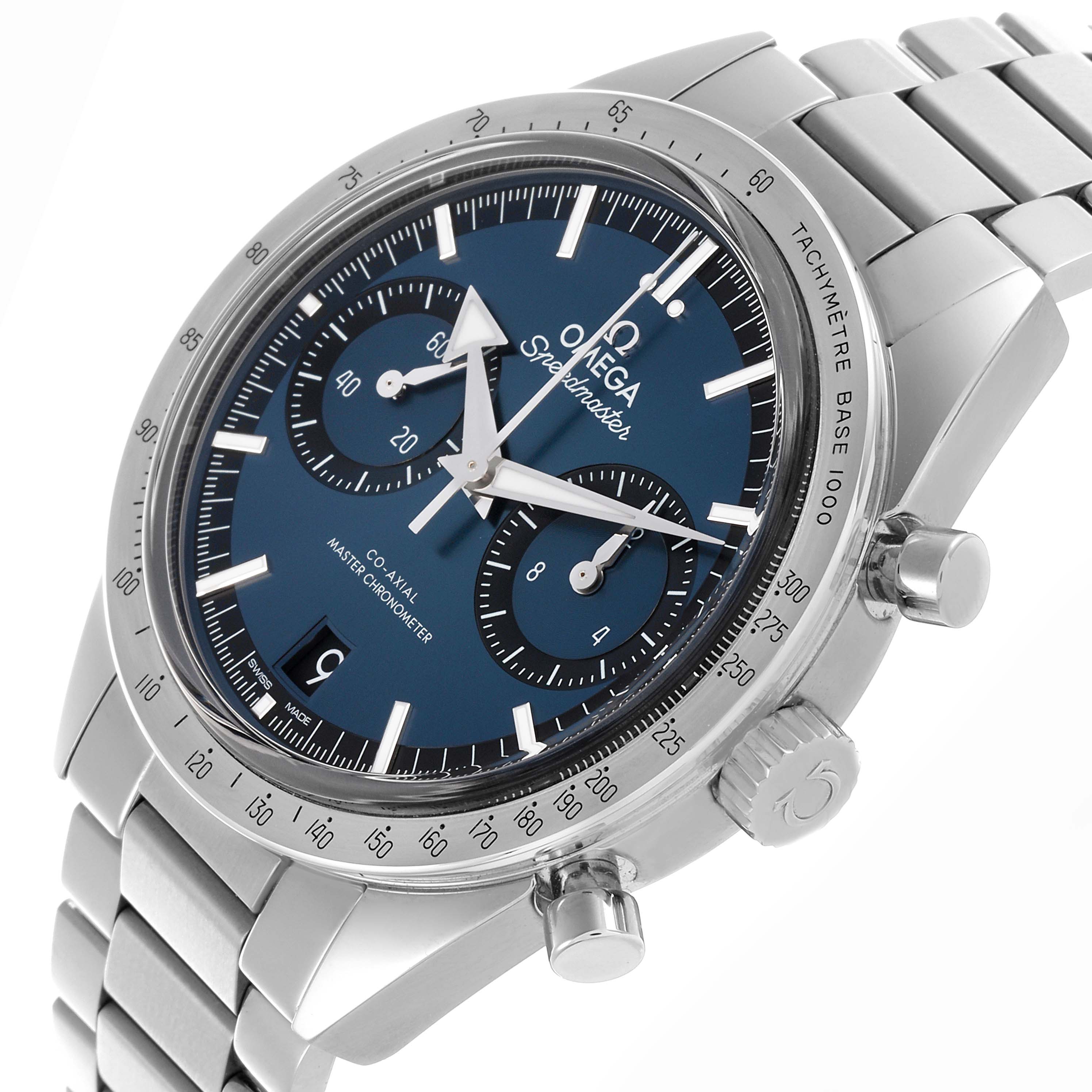 The Omega Speedmaster 332.10.41.51.03.001 Men's Stainless Steel Blue Dial 332.10.41.51.03.001 Men's Stainless Steel Blue Dial watch is shown at an angled side view, highlighting the dial, bezel, pushers, and bracelet.