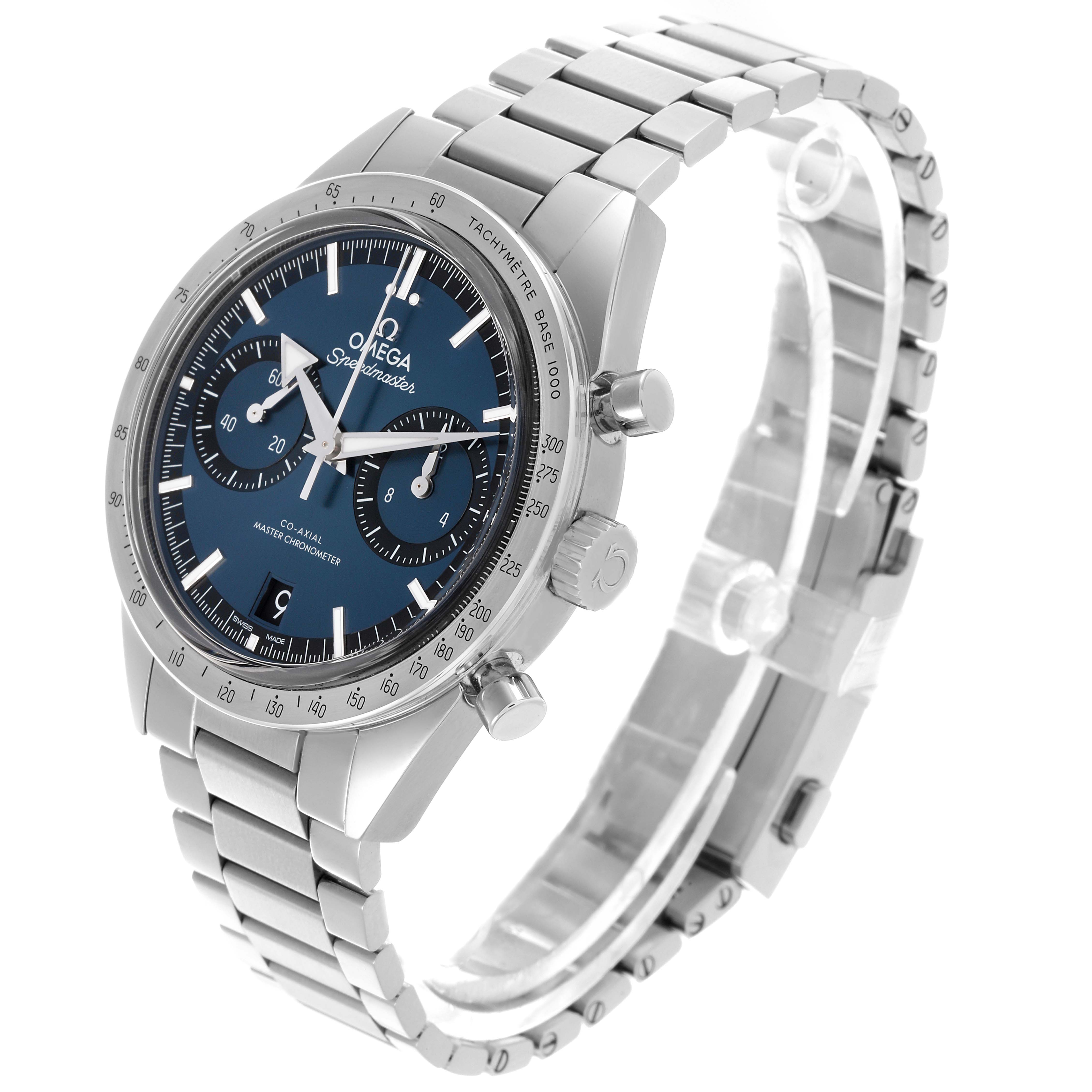 The Omega Speedmaster 332.10.41.51.03.001 Men's Stainless Steel Blue Dial 332.10.41.51.03.001 Men's Stainless Steel Blue Dial watch is shown from a three-quarter angle, displaying the face, bezel, crown, and bracelet.