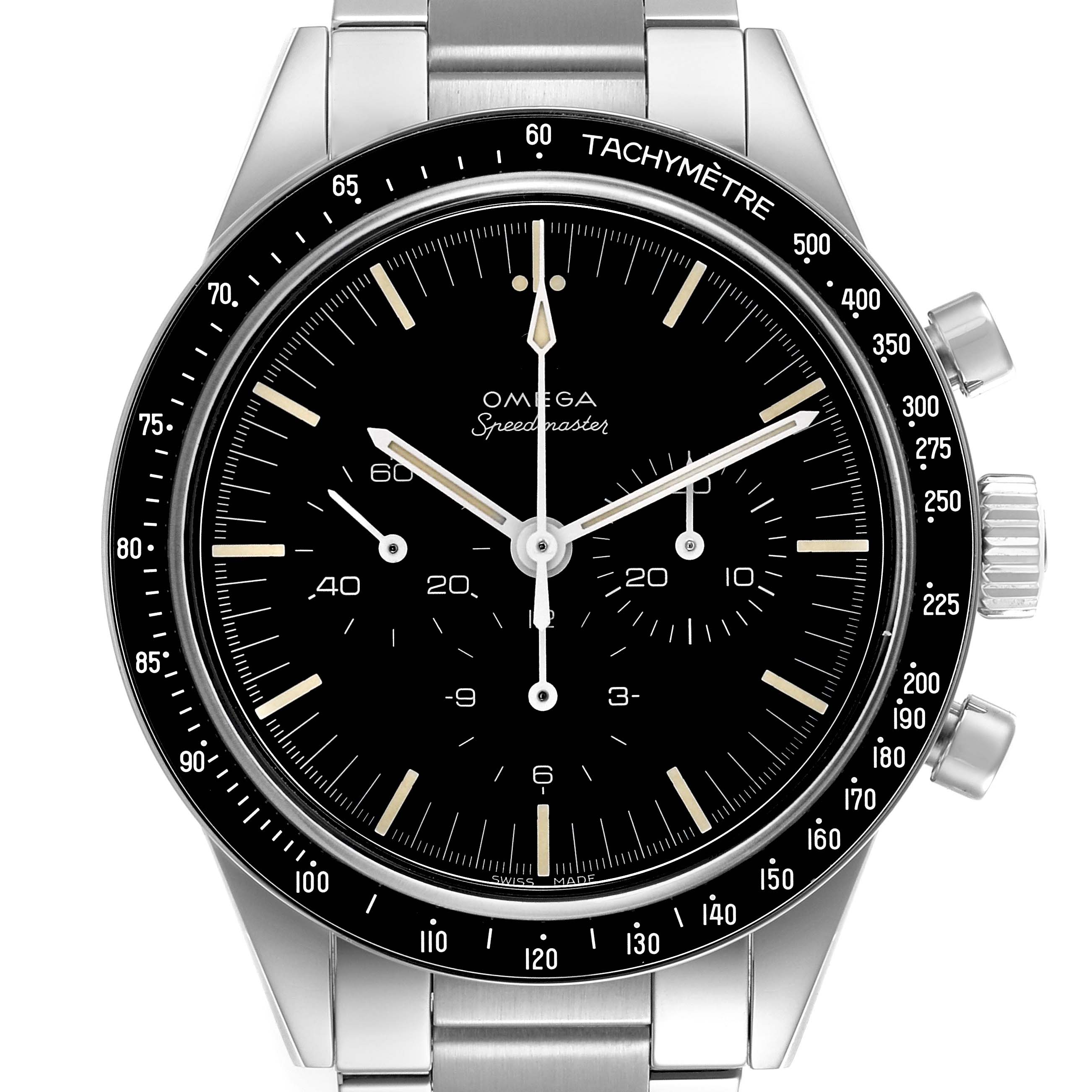 The Omega Speedmaster 311.30.40.30.01.001 Men
s Stainless Steel Black Dial 311.30.40.30.01.001 Men
s Stainless Steel Black Dial watch is shown from the front, displaying the dial, tachymeter bezel, and pushers.