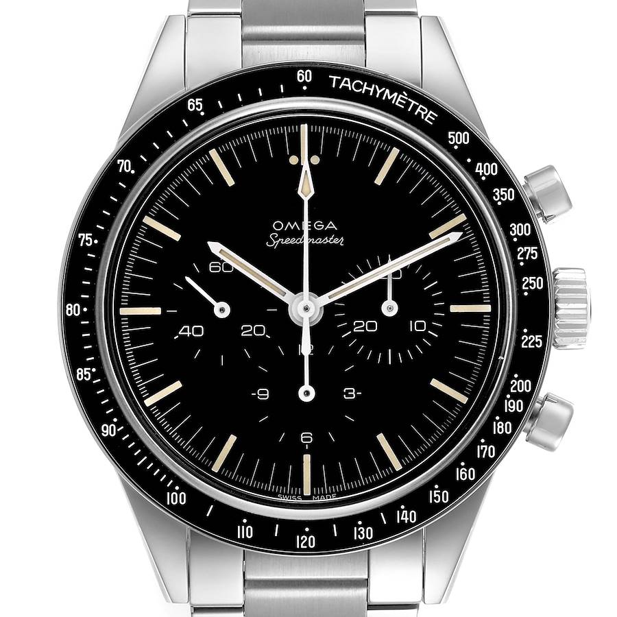 The Omega Speedmaster watch is shown from the front, displaying the dial, tachymeter bezel, and pushers.