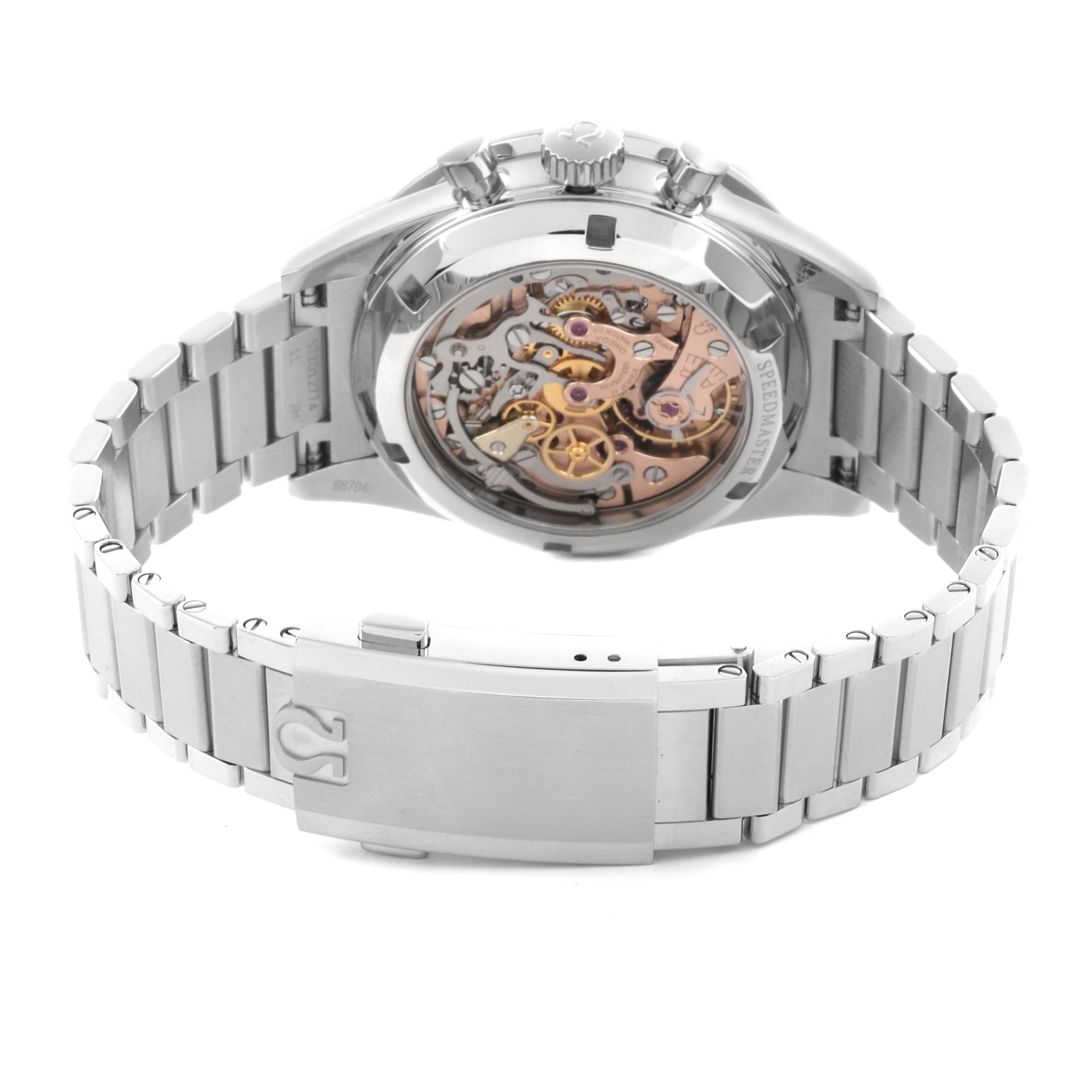 The Omega Speedmaster 311.30.40.30.01.001 Men
s Stainless Steel Black Dial 311.30.40.30.01.001 Men
s Stainless Steel Black Dial watch is shown from the back, revealing the intricate exposed movement and metal bracelet.