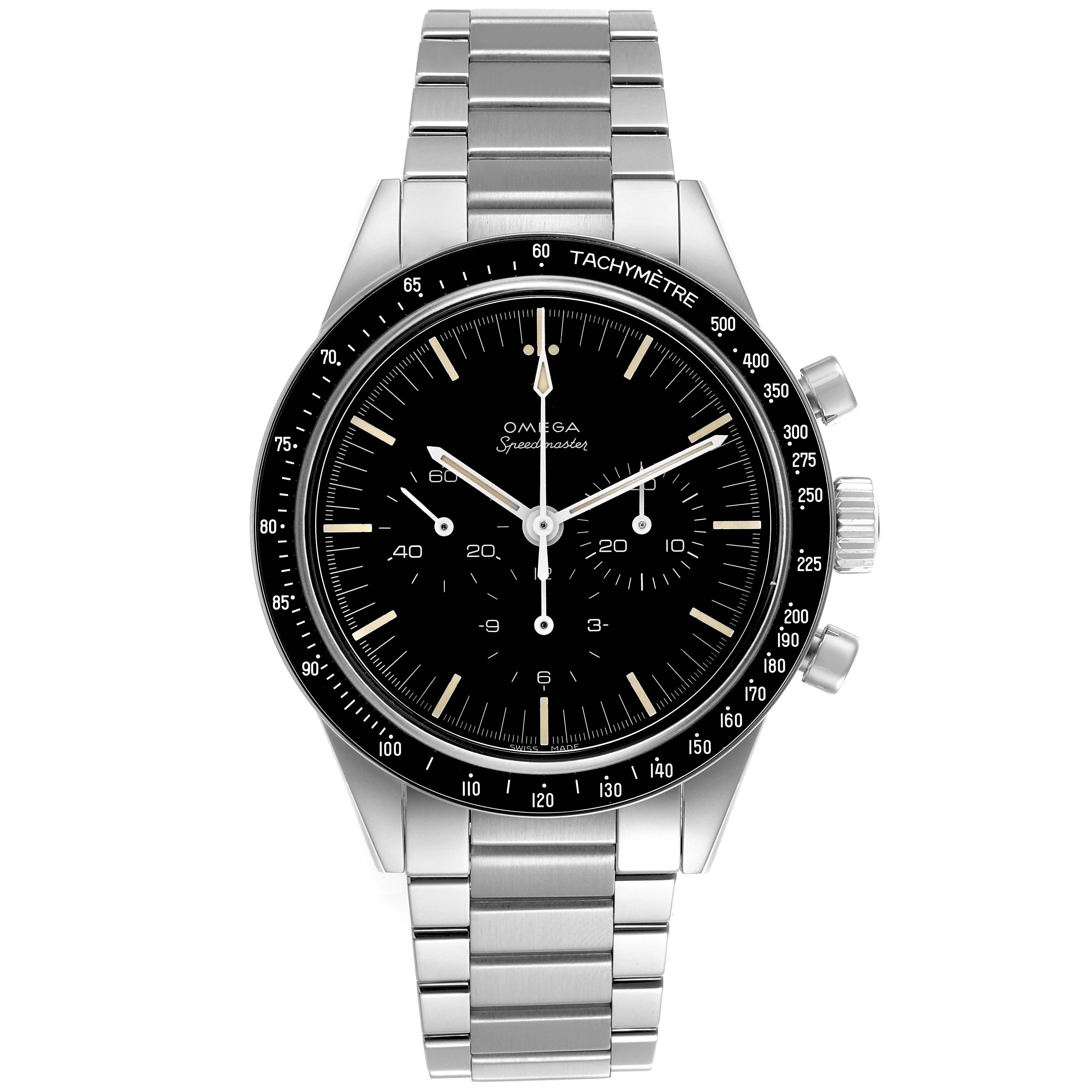 The Omega Speedmaster 311.30.40.30.01.001 Men
s Stainless Steel Black Dial 311.30.40.30.01.001 Men
s Stainless Steel Black Dial watch is shown from a front angle, displaying the face, bezel, and stainless steel bracelet.