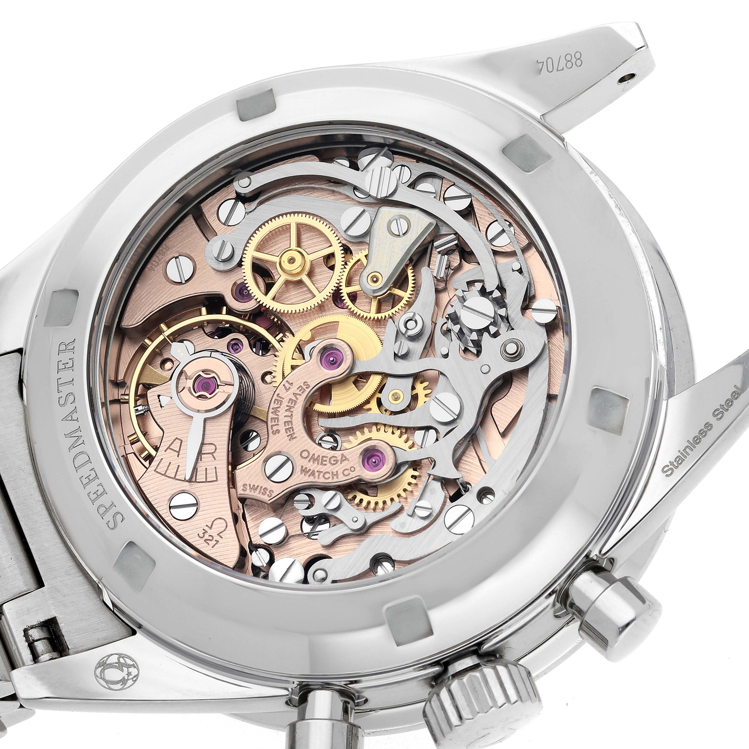 The image shows the Omega Speedmaster 311.30.40.30.01.001 Men
s Stainless Steel Black Dial 311.30.40.30.01.001 Men
s Stainless Steel Black Dial
s exposed case back, highlighting its intricate movement components.