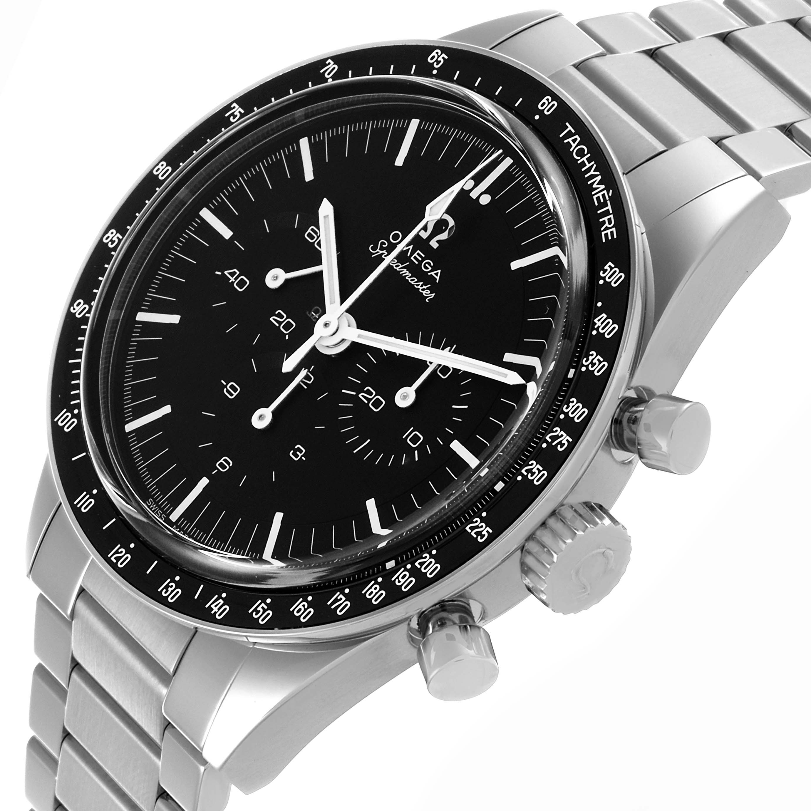 The Omega Speedmaster 311.30.40.30.01.001 Men
s Stainless Steel Black Dial 311.30.40.30.01.001 Men
s Stainless Steel Black Dial watch is shown at an angled side view, highlighting the dial, tachymeter bezel, and bracelet.