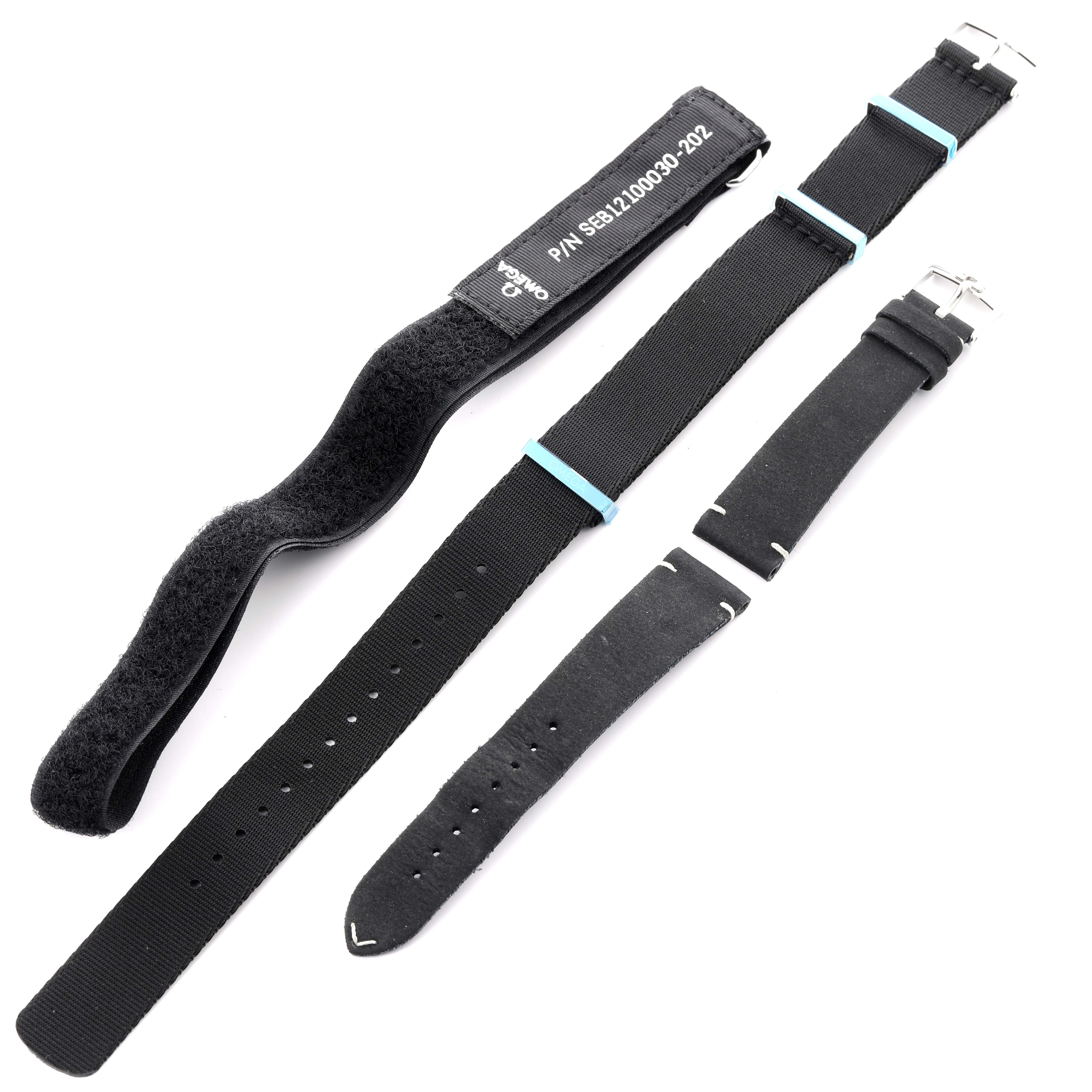 The image shows three black straps for the Omega Speedmaster 311.30.40.30.01.001 Men
s Stainless Steel Black Dial 311.30.40.30.01.001 Men
s Stainless Steel Black Dial model from a top-down angle.