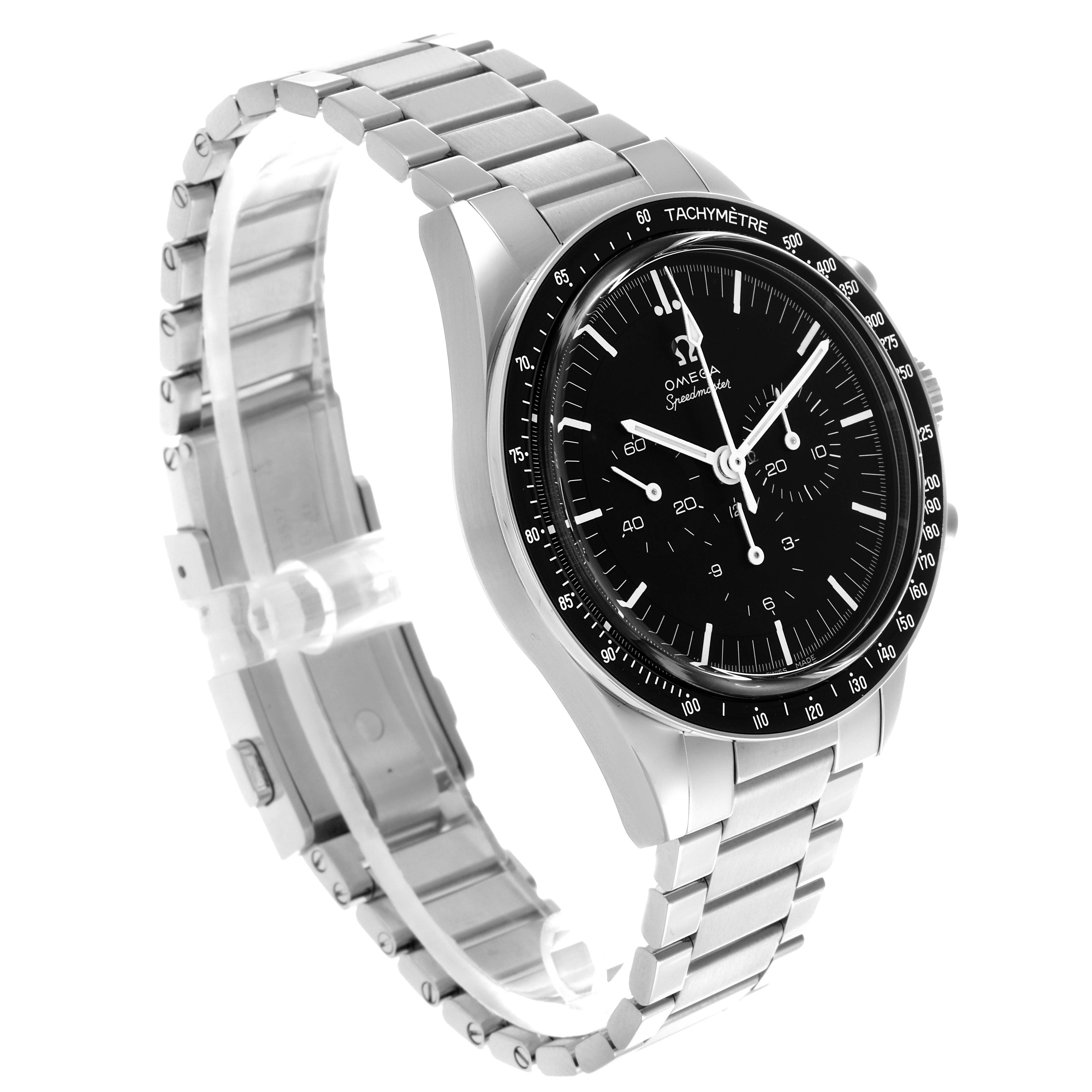 The Omega Speedmaster 311.30.40.30.01.001 Men
s Stainless Steel Black Dial 311.30.40.30.01.001 Men
s Stainless Steel Black Dial watch is shown from a side angle, displaying the face, bracelet, and tachymeter bezel.