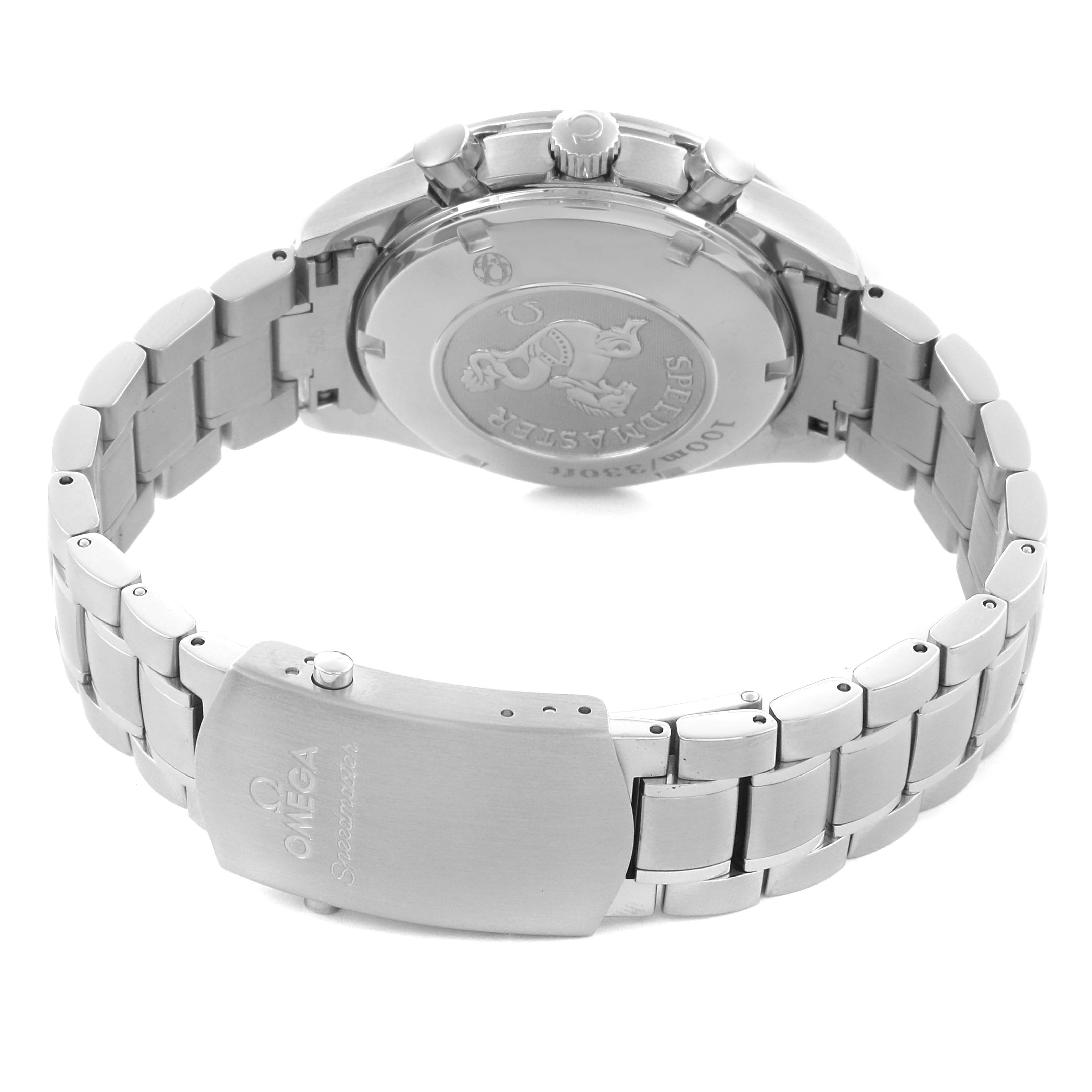 The image shows the back and clasp of the Omega Speedmaster 323.30.40.40.06.001 Men's Stainless Steel Grey Dial 323.30.40.40.06.001 Men's Stainless Steel Grey Dial, highlighting the bracelet and case back.