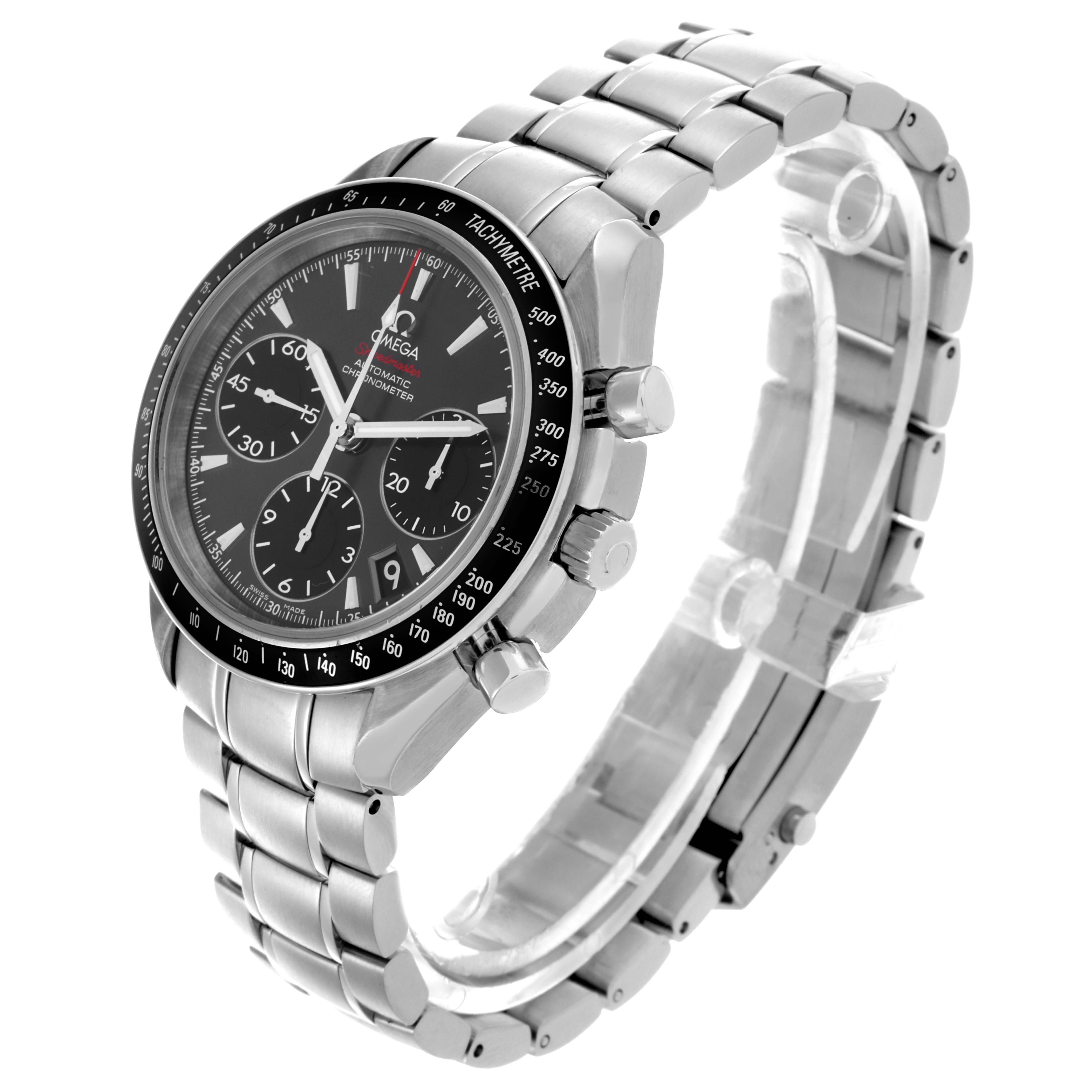 The Omega Speedmaster 323.30.40.40.06.001 Men's Stainless Steel Grey Dial 323.30.40.40.06.001 Men's Stainless Steel Grey Dial is shown at a three-quarter angle, highlighting the watch face, bezel, and metal bracelet.