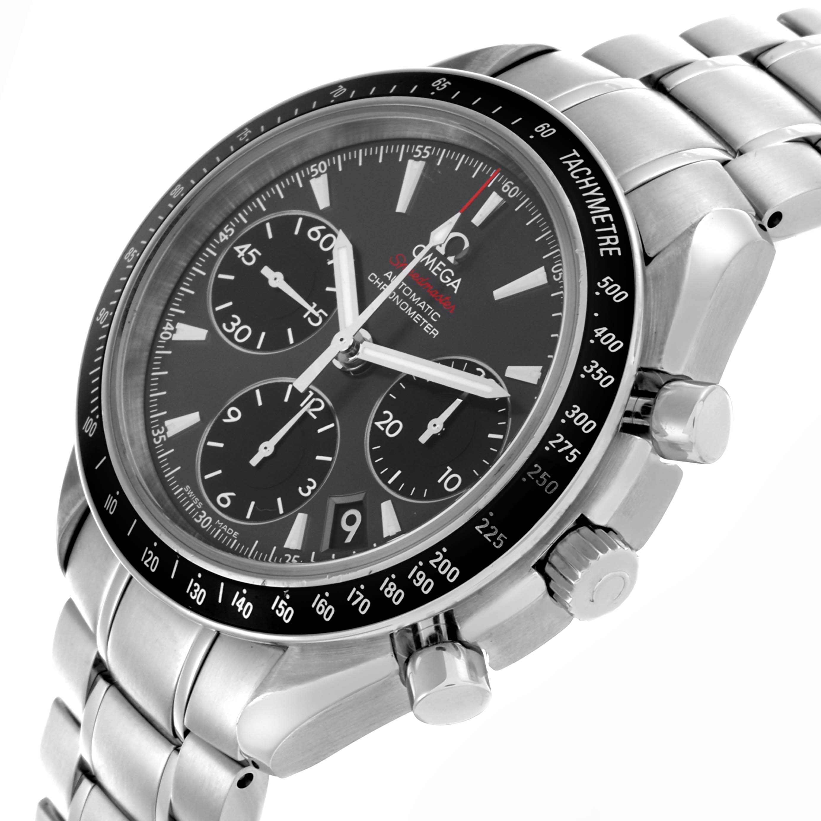 The Omega Speedmaster 323.30.40.40.06.001 Men's Stainless Steel Grey Dial 323.30.40.40.06.001 Men's Stainless Steel Grey Dial watch is shown at a three-quarter angle, highlighting the dial, bezel, and side pushers.