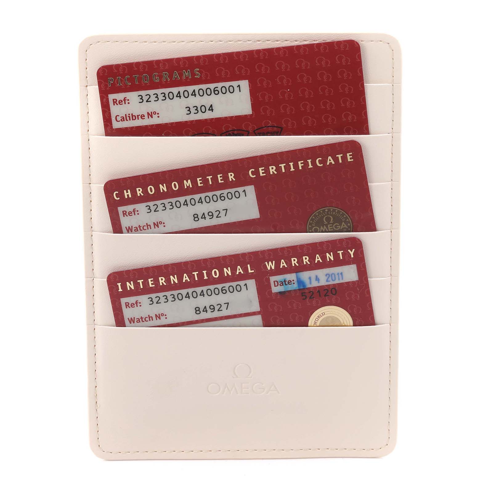 The image shows Omega Speedmaster 323.30.40.40.06.001 Men's Stainless Steel Grey Dial 323.30.40.40.06.001 Men's Stainless Steel Grey Dial model cards, including pictograms, chronometer certificate, and international warranty.