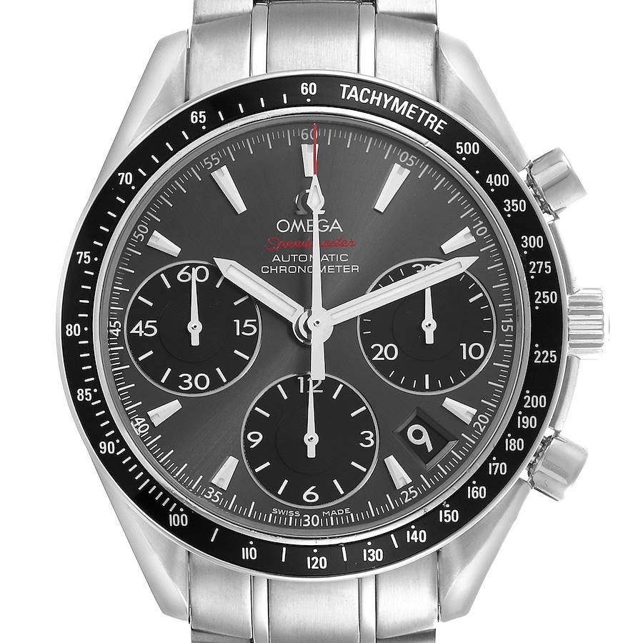 The Omega Speedmaster watch is shown from a frontal angle, displaying its face, bezel, and metal bracelet.