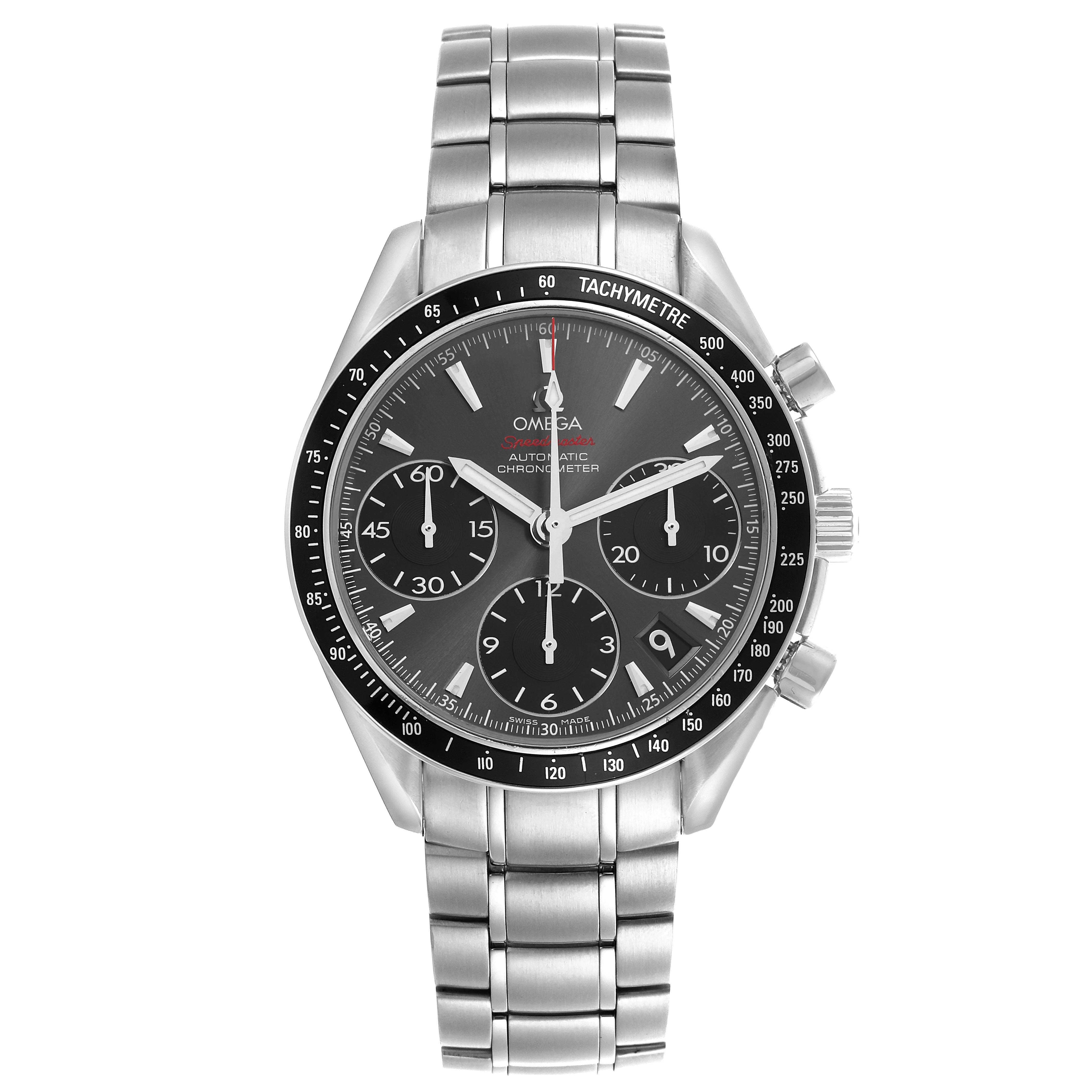 The Omega Speedmaster 323.30.40.40.06.001 Men's Stainless Steel Grey Dial 323.30.40.40.06.001 Men's Stainless Steel Grey Dial is shown from the front, displaying the dial, bezel, chronograph sub-dials, and metal bracelet.