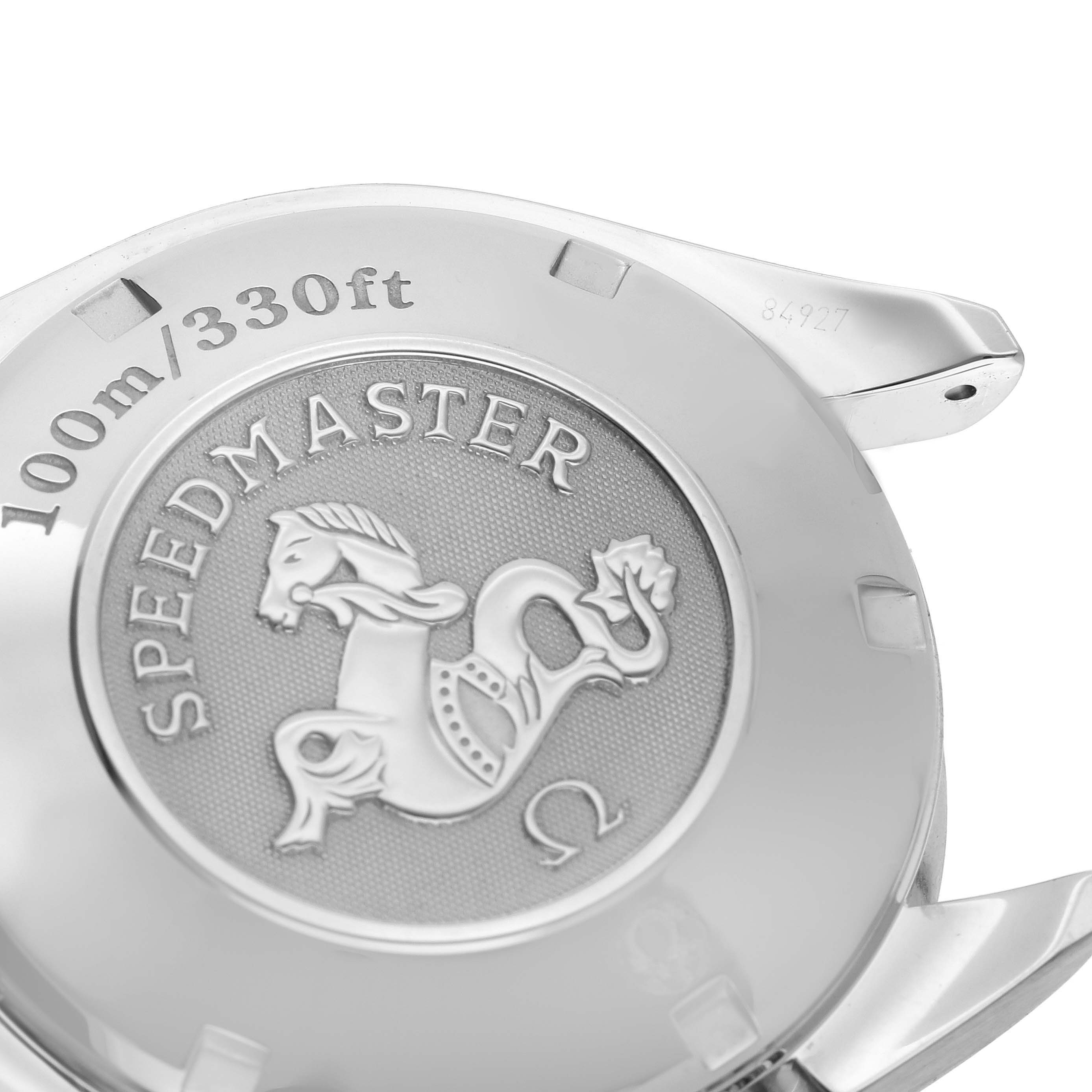 The image shows the case back of an Omega Speedmaster 323.30.40.40.06.001 Men's Stainless Steel Grey Dial 323.30.40.40.06.001 Men's Stainless Steel Grey Dial featuring a seahorse emblem and water resistance details.