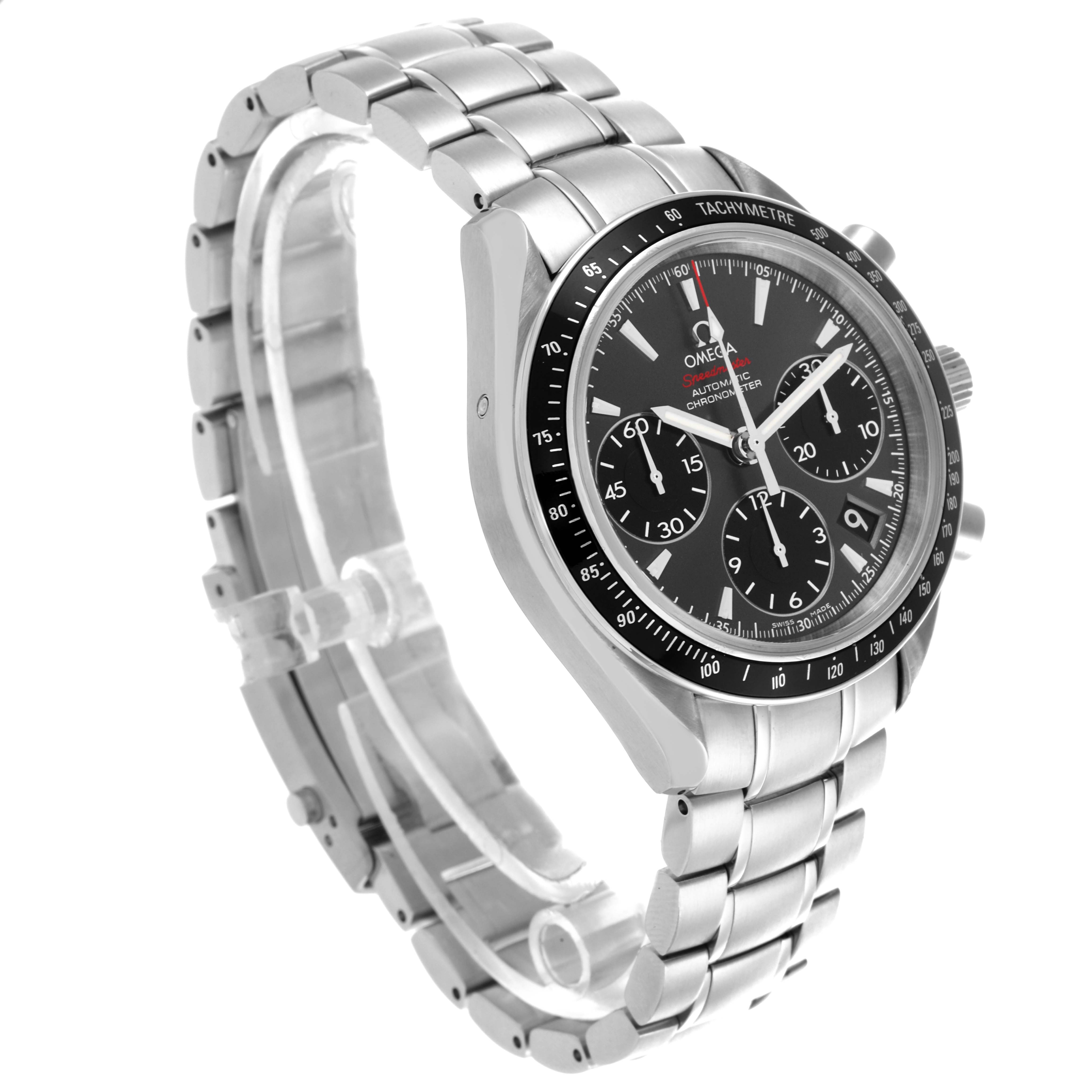 The Omega Speedmaster 323.30.40.40.06.001 Men's Stainless Steel Grey Dial 323.30.40.40.06.001 Men's Stainless Steel Grey Dial watch is shown at a three-quarter angle, displaying its face, tachymeter bezel, and stainless steel bracelet.