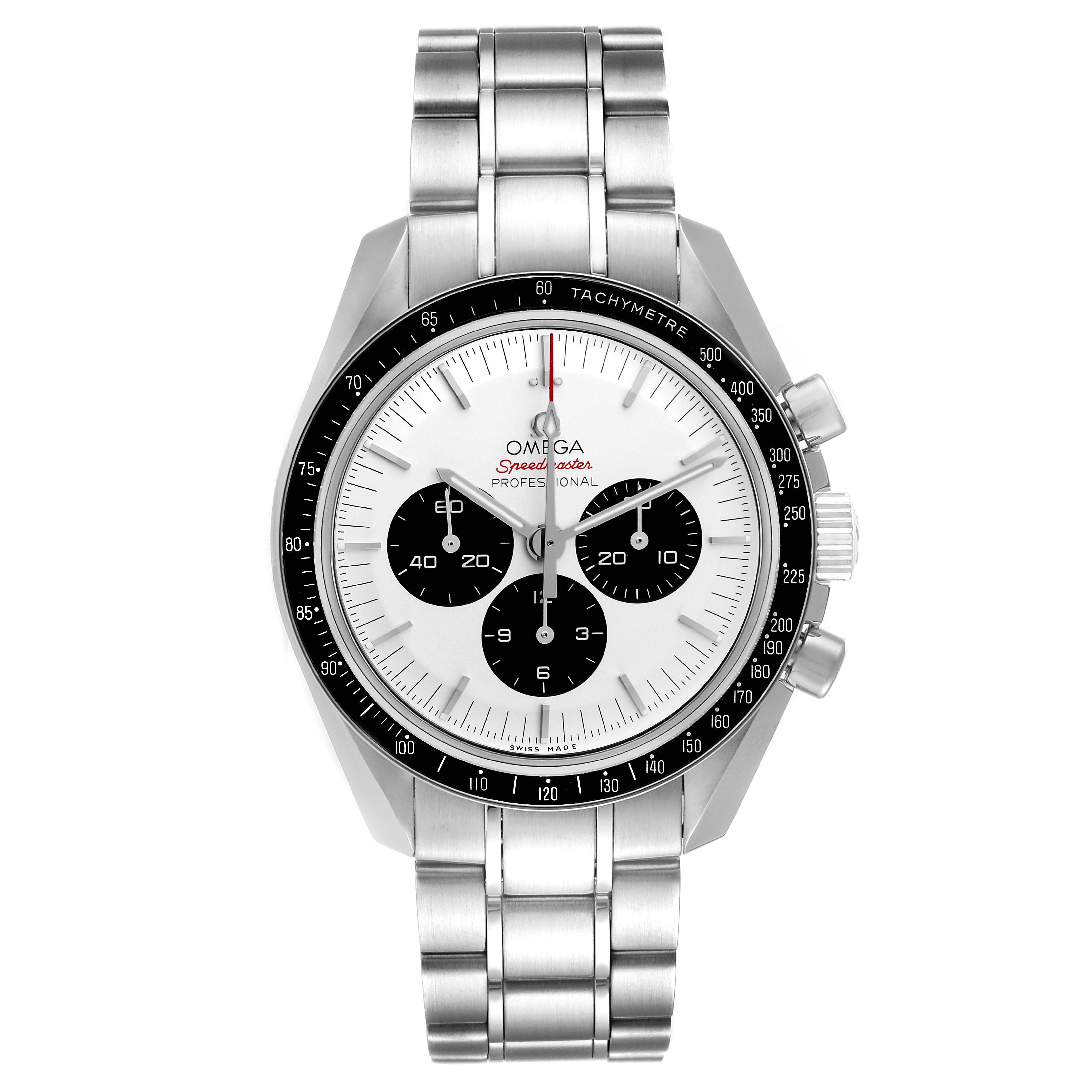 The image shows a front view of an Omega Speedmaster 522.30.42.30.04.001 Men's Stainless Steel White Dial 522.30.42.30.04.001 Men's Stainless Steel White Dial watch including the dial, bezel, and bracelet.