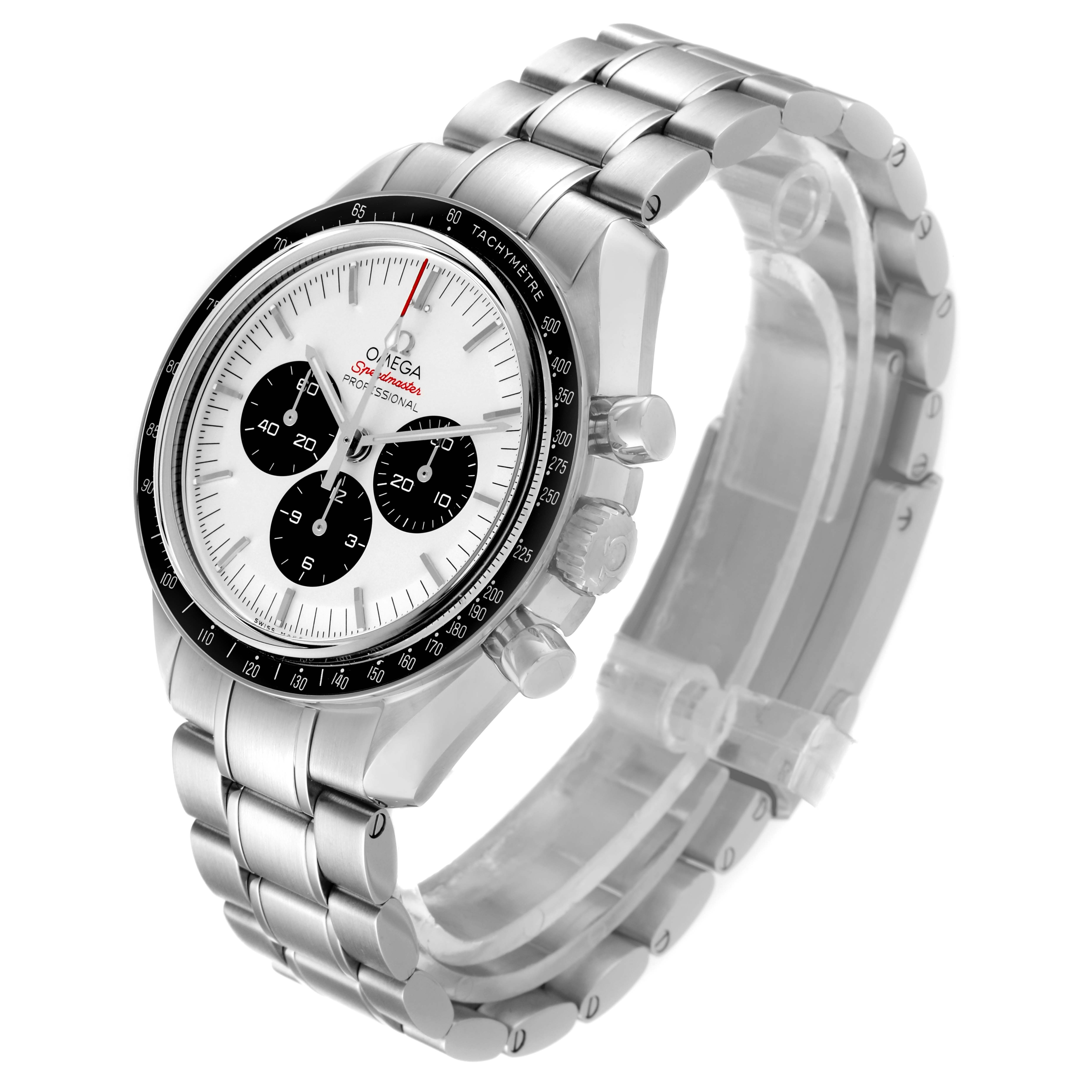 The image shows an angled view of an Omega Speedmaster 522.30.42.30.04.001 Men's Stainless Steel White Dial 522.30.42.30.04.001 Men's Stainless Steel White Dial watch, highlighting its face, bezel, and stainless steel bracelet.