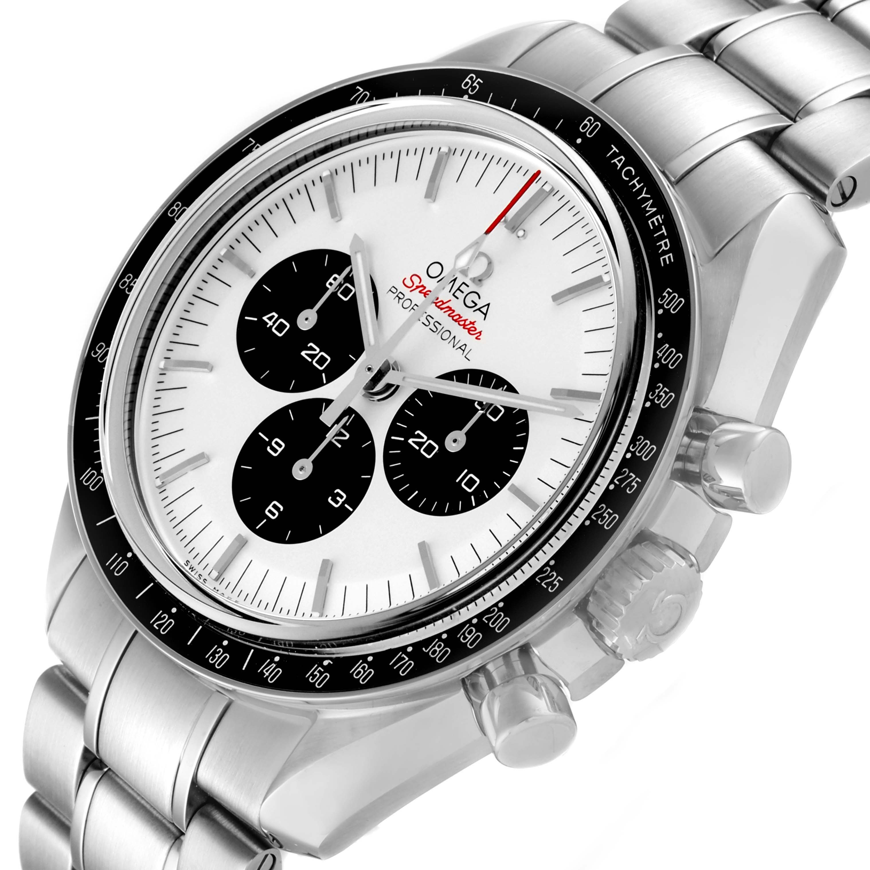The Omega Speedmaster 522.30.42.30.04.001 Men's Stainless Steel White Dial 522.30.42.30.04.001 Men's Stainless Steel White Dial watch is shown from an angled view, highlighting the dial, tachymeter bezel, and stainless steel bracelet.