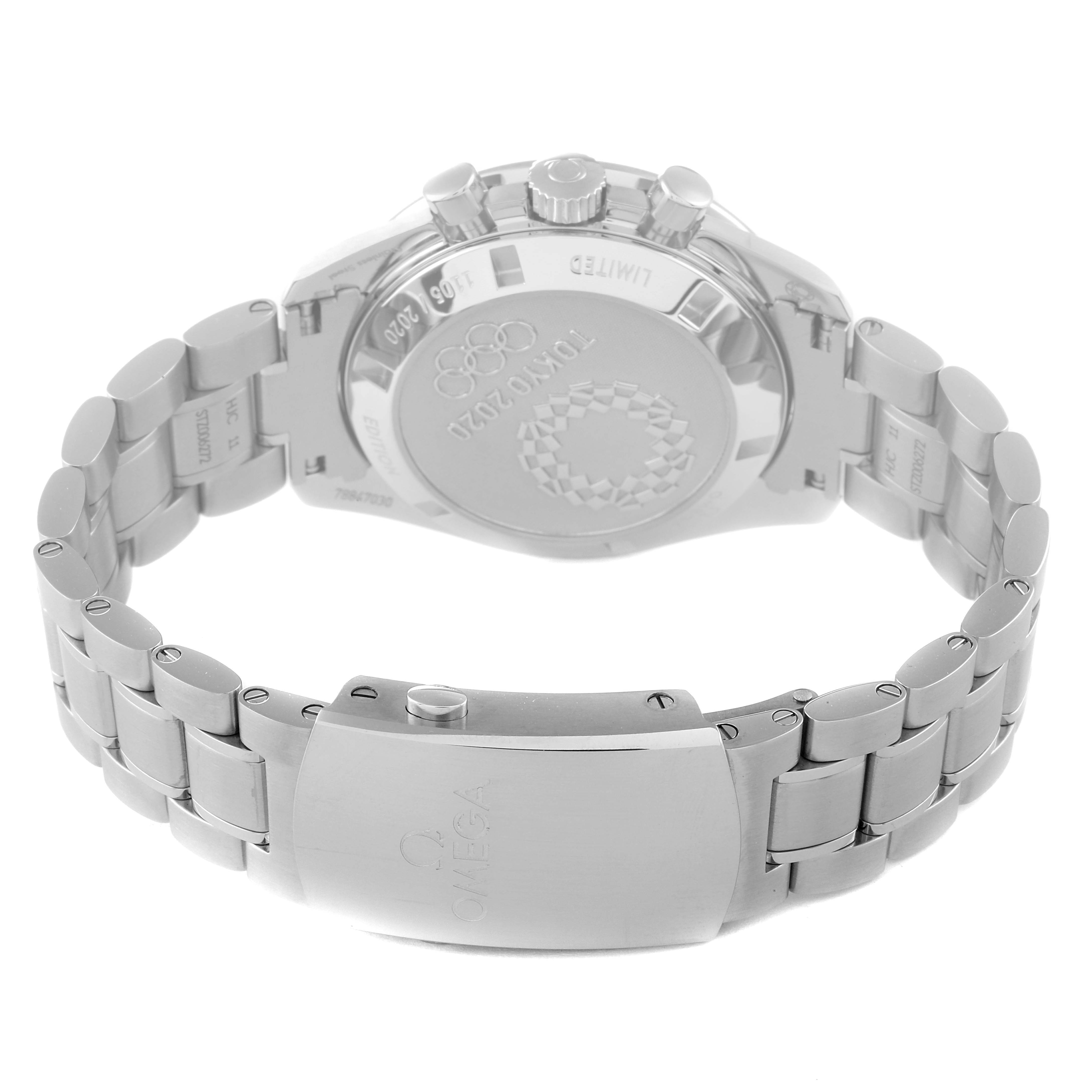 The image shows the back view of an Omega Speedmaster 522.30.42.30.04.001 Men's Stainless Steel White Dial 522.30.42.30.04.001 Men's Stainless Steel White Dial watch, highlighting the case back and metal bracelet.