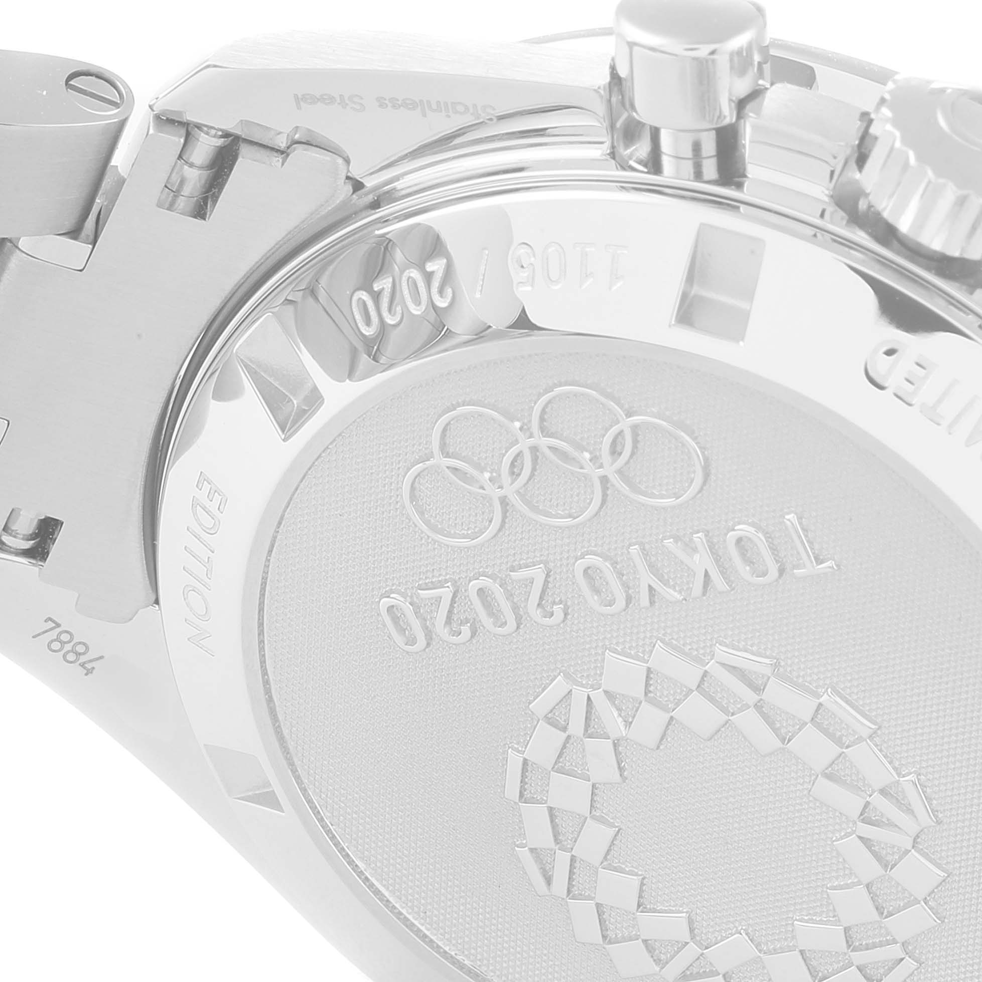 The image shows the case back of the Omega Speedmaster 522.30.42.30.04.001 Men's Stainless Steel White Dial 522.30.42.30.04.001 Men's Stainless Steel White Dial, featuring the Tokyo 2020 edition engraving and Olympic rings.