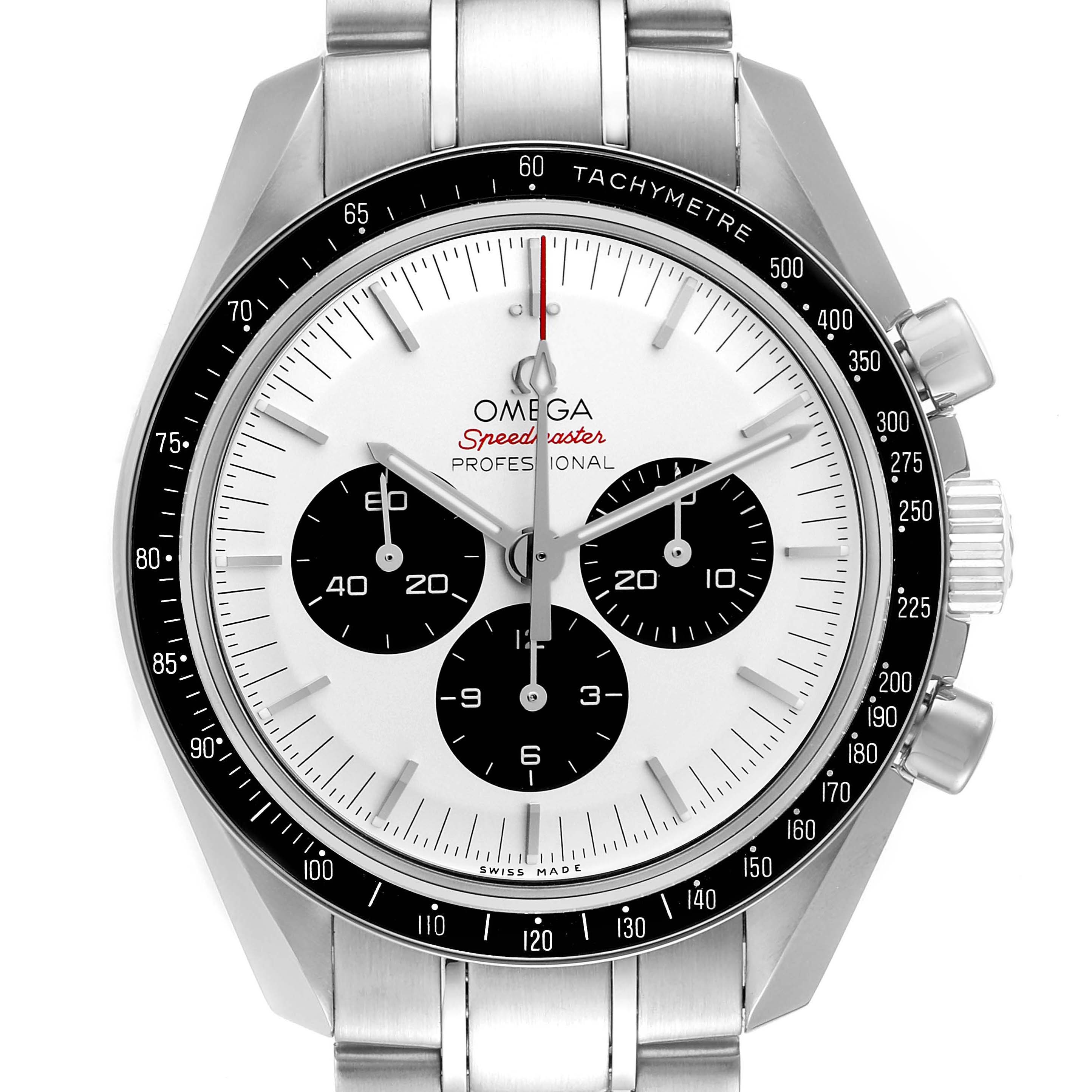The image shows a front view of the Omega Speedmaster 522.30.42.30.04.001 Men's Stainless Steel White Dial 522.30.42.30.04.001 Men's Stainless Steel White Dial watch, highlighting its dial, tachymeter bezel, and chronograph sub-dials.