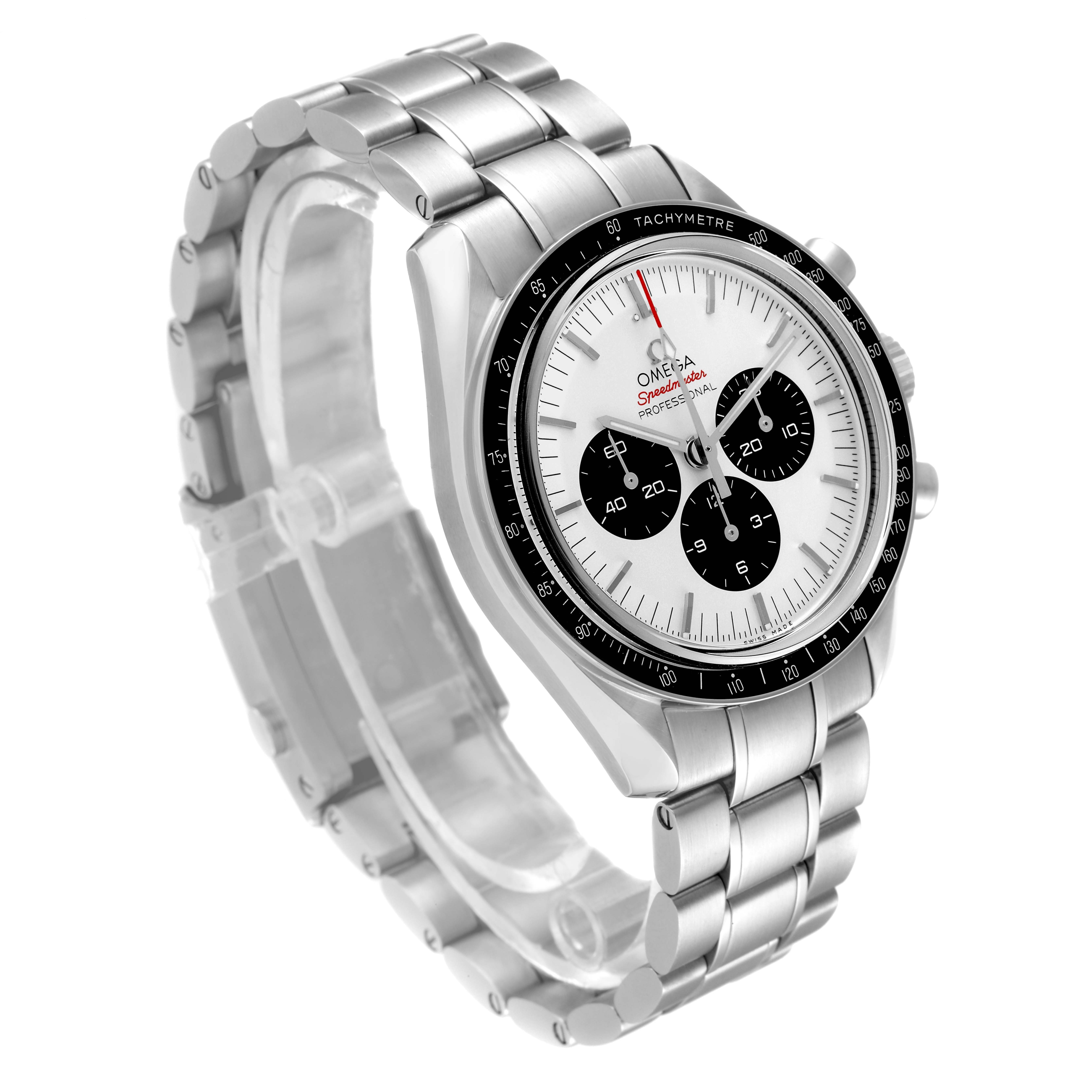 The image shows an Omega Speedmaster 522.30.42.30.04.001 Men's Stainless Steel White Dial 522.30.42.30.04.001 Men's Stainless Steel White Dial watch at a three-quarter angle, displaying the face, bezel, and stainless steel bracelet.