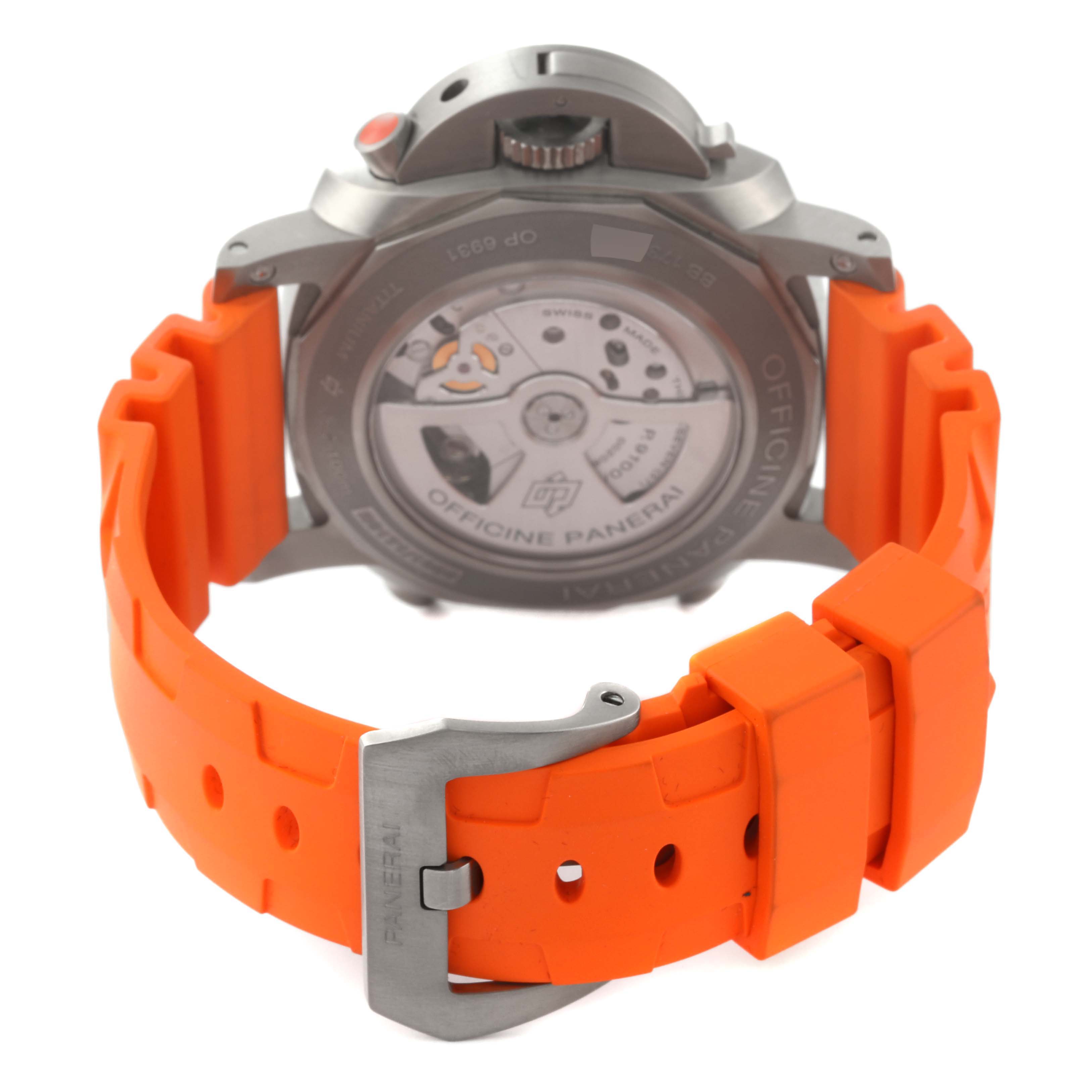 The image shows the back view of a Panerai Luminor PAM00526 Men's Titanium Black Dial PAM00526 Men's Titanium Black Dial watch with an orange rubber strap and visible case back.