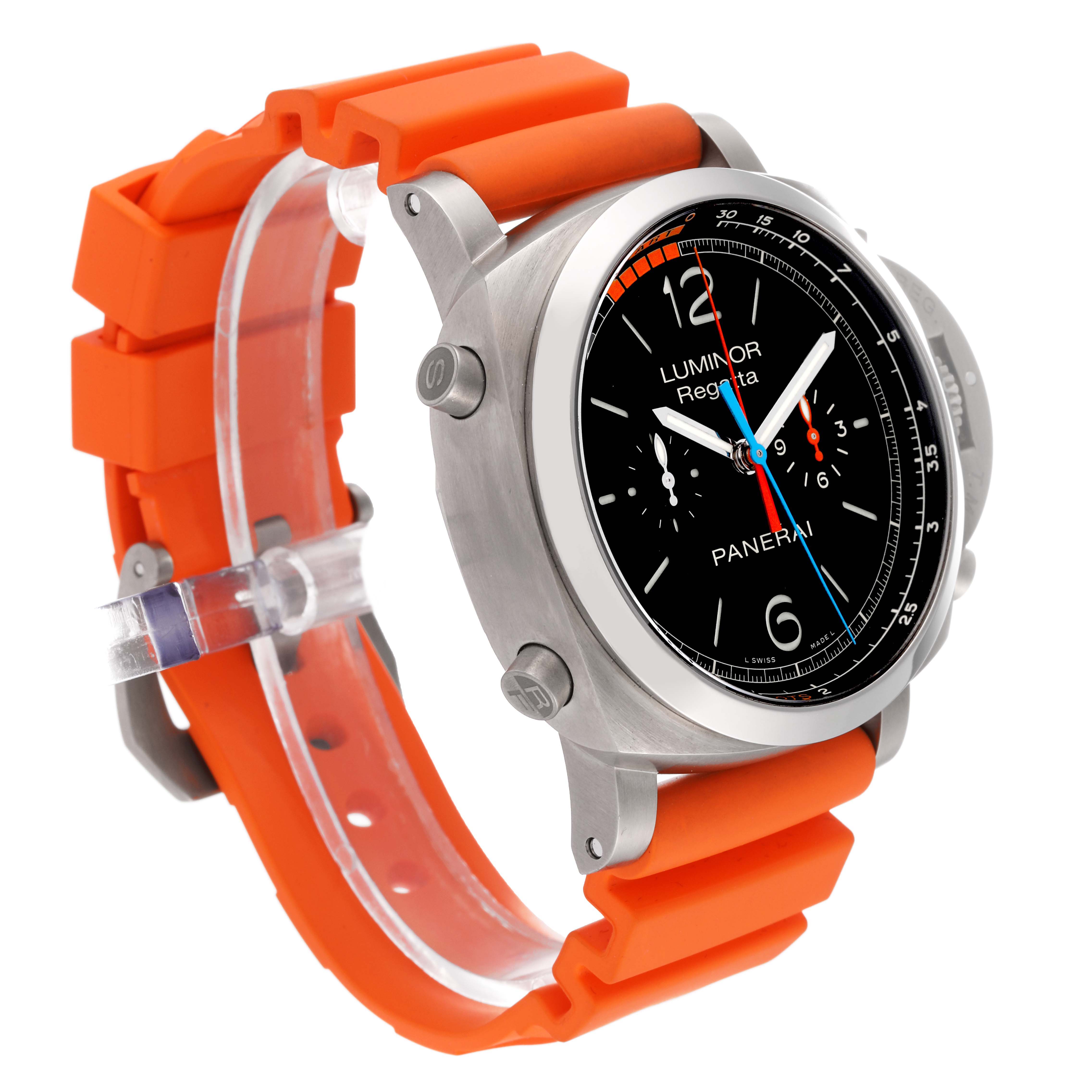 The image shows a Panerai Luminor PAM00526 Men's Titanium Black Dial PAM00526 Men's Titanium Black Dial model watch with a stainless steel case and an orange rubber strap, viewed at an angle.