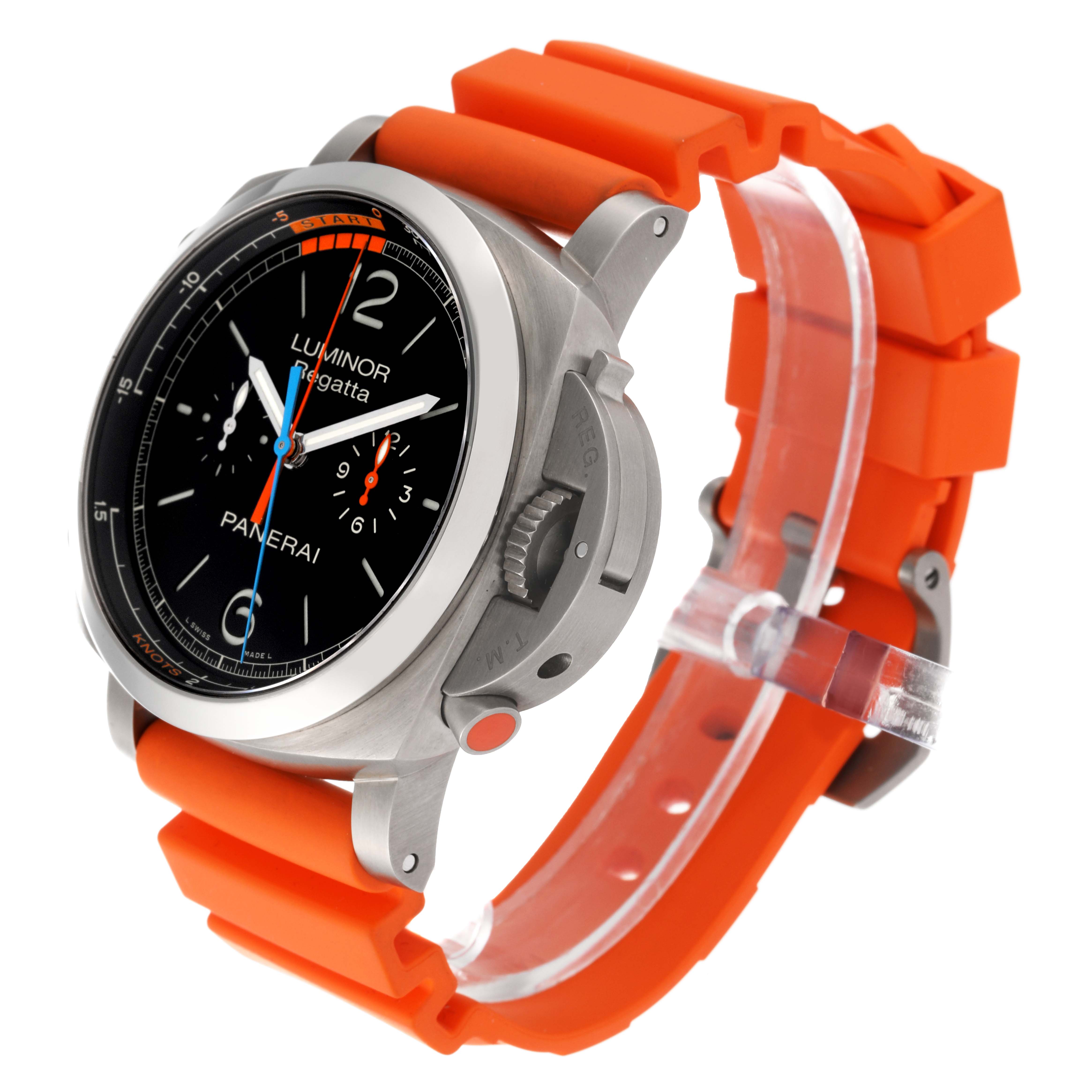 The Panerai Luminor PAM00526 Men's Titanium Black Dial PAM00526 Men's Titanium Black Dial model is shown at an angle displaying a side view, featuring its orange strap, dial, and crown guard.