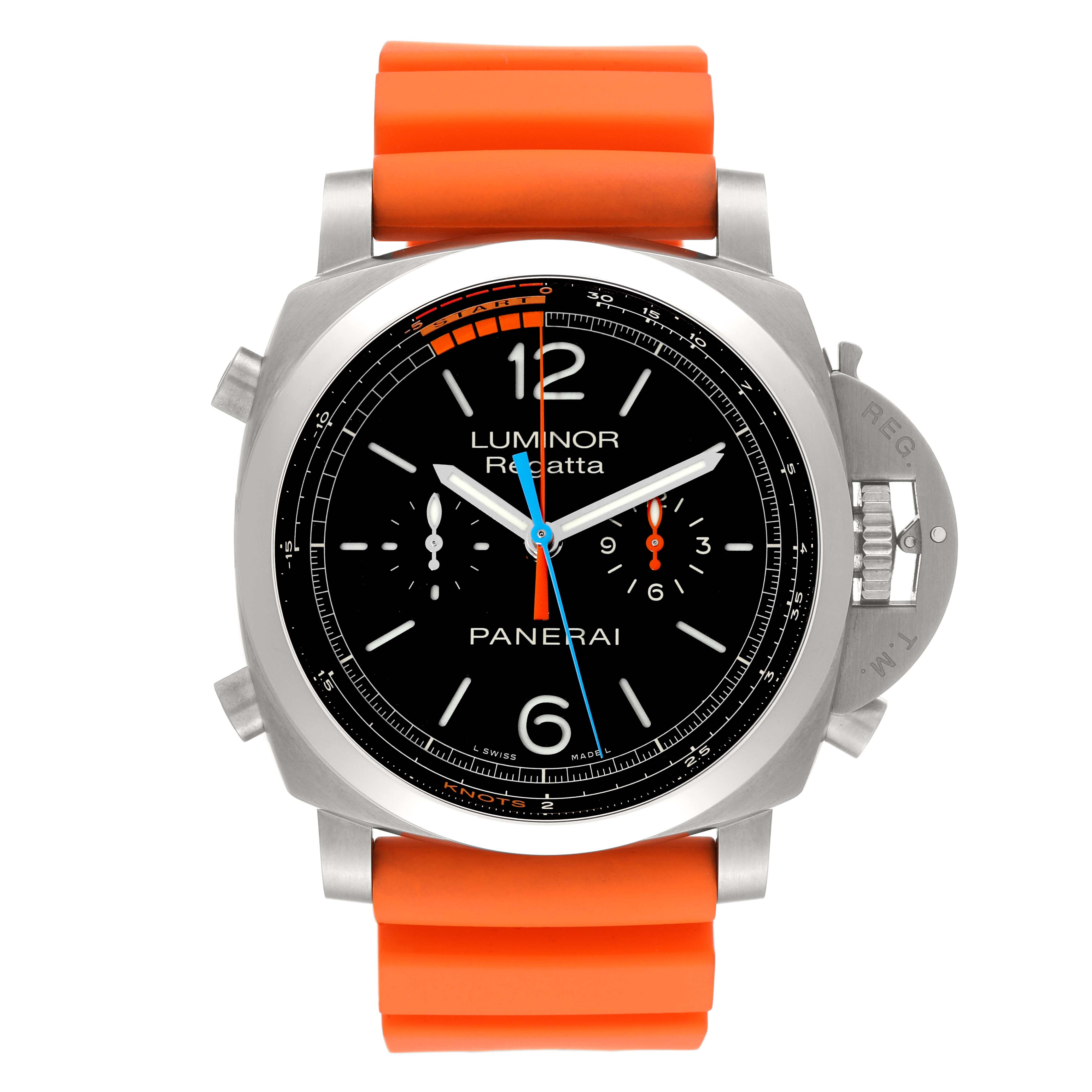 This is a front view of a Panerai Luminor PAM00526 Men's Titanium Black Dial PAM00526 Men's Titanium Black Dial watch, showing the dial, crown guard, and orange strap.