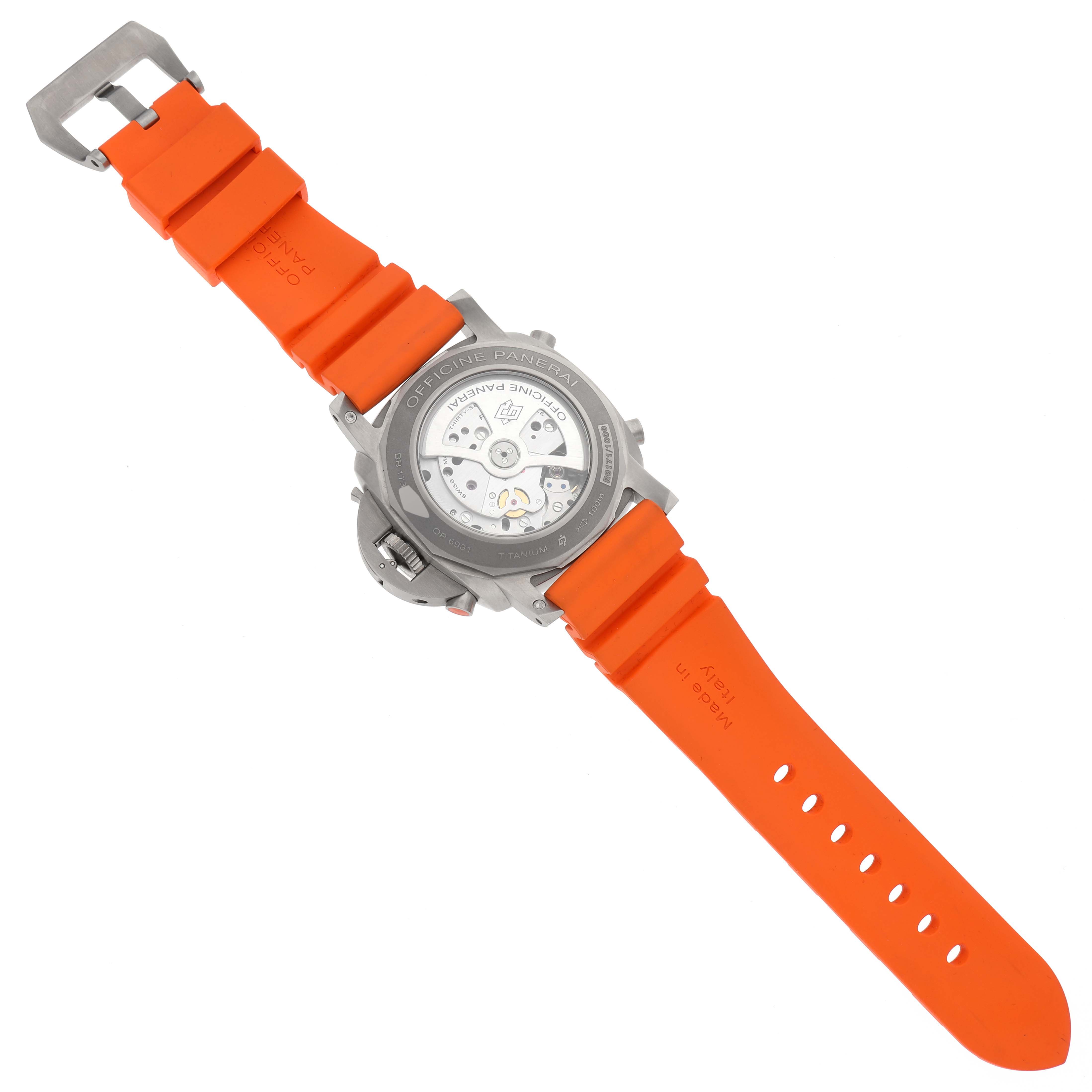 This image shows the back case and orange strap of a Panerai Luminor PAM00526 Men's Titanium Black Dial PAM00526 Men's Titanium Black Dial watch.