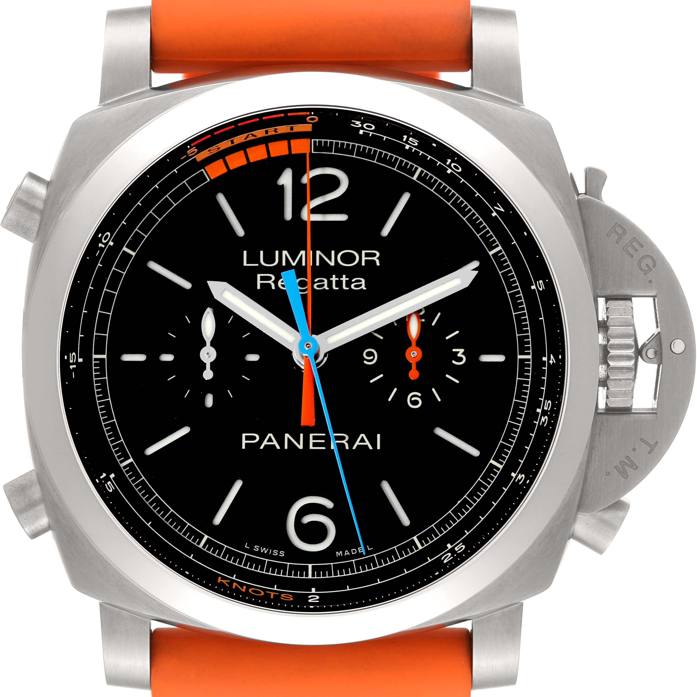 The image shows a front view of a Panerai Luminor PAM00526 Men's Titanium Black Dial PAM00526 Men's Titanium Black Dial Regatta with an orange strap and its dial details visible.
