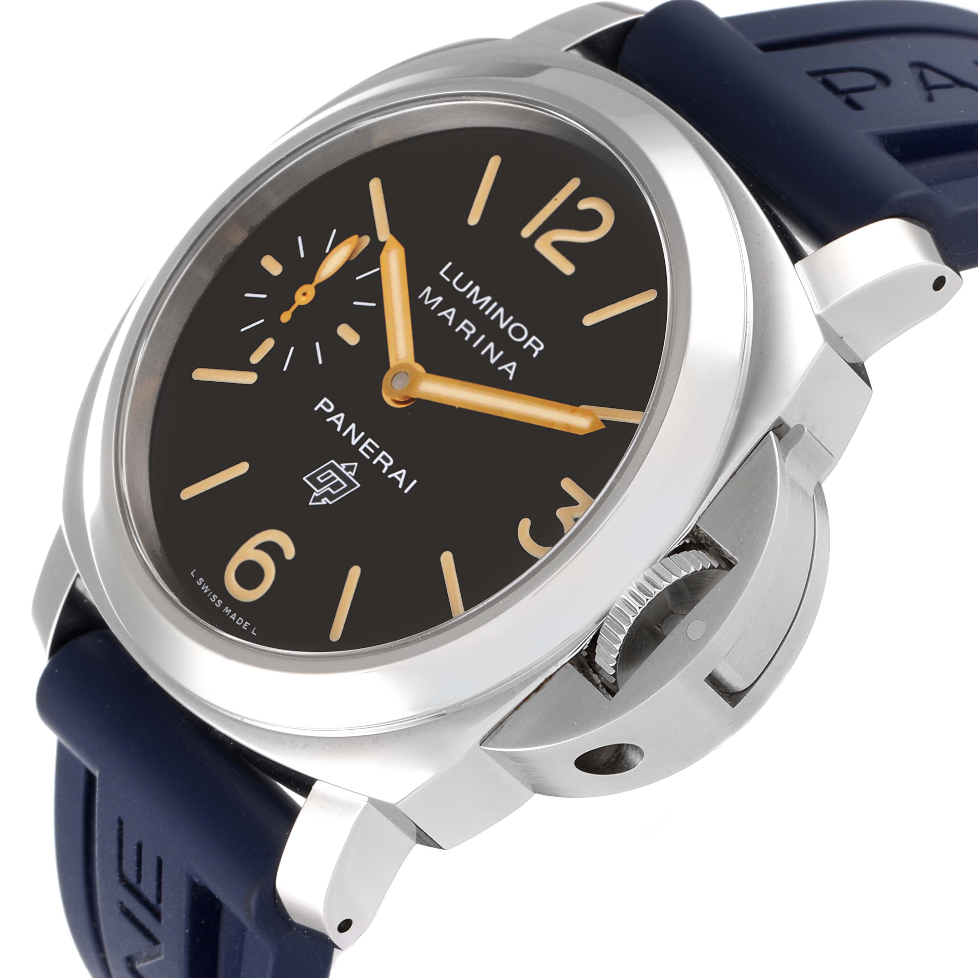This image shows a Panerai Luminor PAM00632 Men's Stainless Steel Brown Dial PAM00632 Men's Stainless Steel Brown Dial Marina watch at a three-quarter angle highlighting the face, crown, and blue strap.