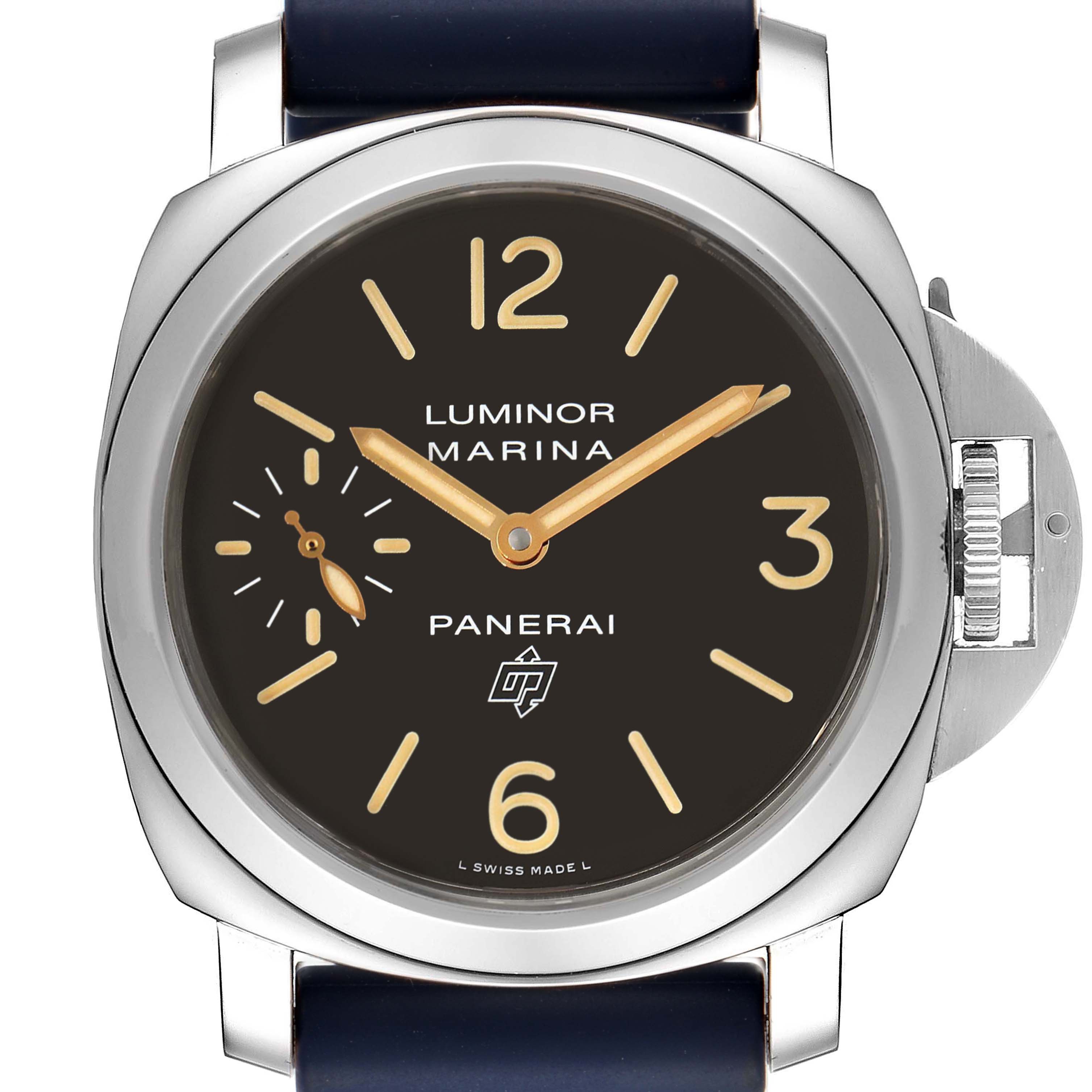 This image shows a front view of a Panerai Luminor PAM00632 Men's Stainless Steel Brown Dial PAM00632 Men's Stainless Steel Brown Dial watch, highlighting its dial, hands, and crown guard mechanism.