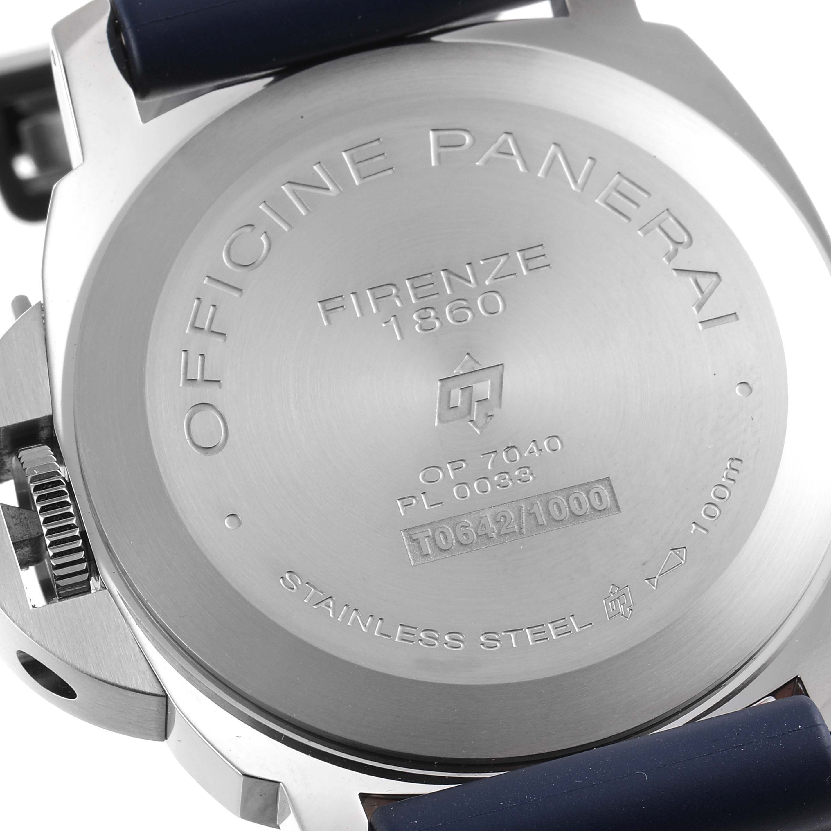 The image shows the back case of a Panerai Luminor PAM00632 Men's Stainless Steel Brown Dial PAM00632 Men's Stainless Steel Brown Dial watch, highlighting its engravings and stainless steel material.