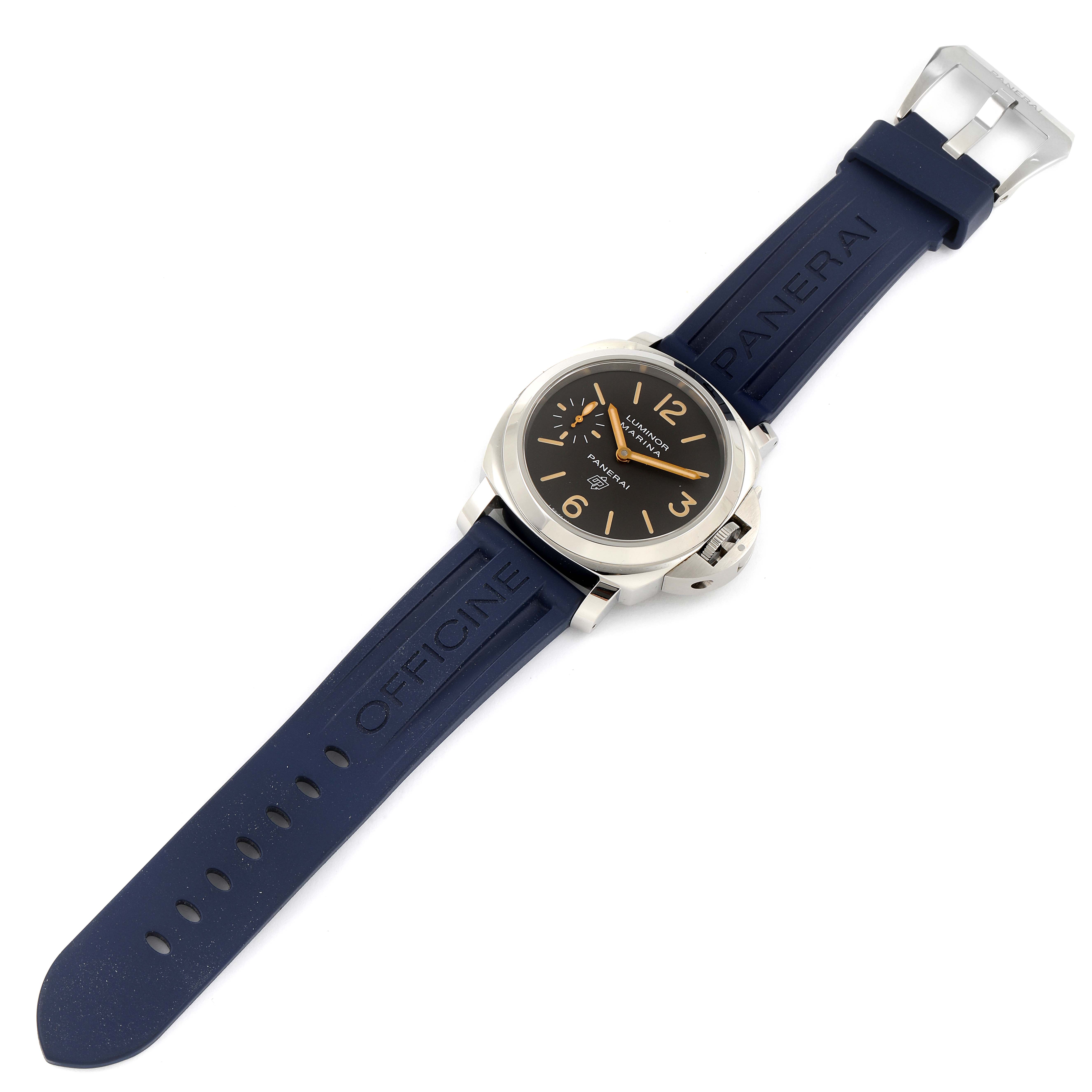 This image shows a top view of a Panerai Luminor PAM00632 Men's Stainless Steel Brown Dial PAM00632 Men's Stainless Steel Brown Dial watch, featuring a blue strap and black dial.