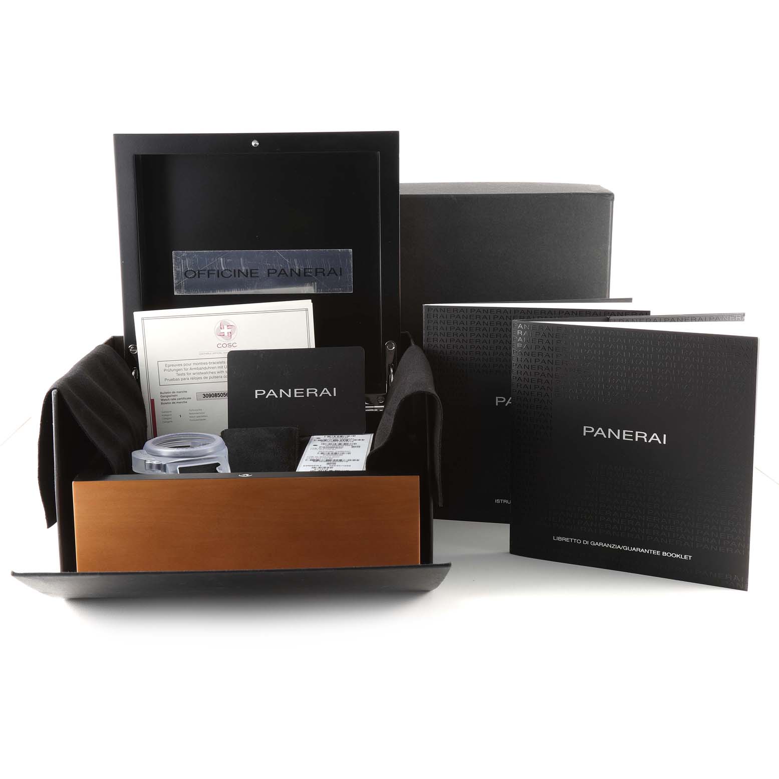 The image shows the packaging and accessories of a Panerai Luminor PAM00632 Men's Stainless Steel Brown Dial PAM00632 Men's Stainless Steel Brown Dial watch, including manuals, a box, and documents.