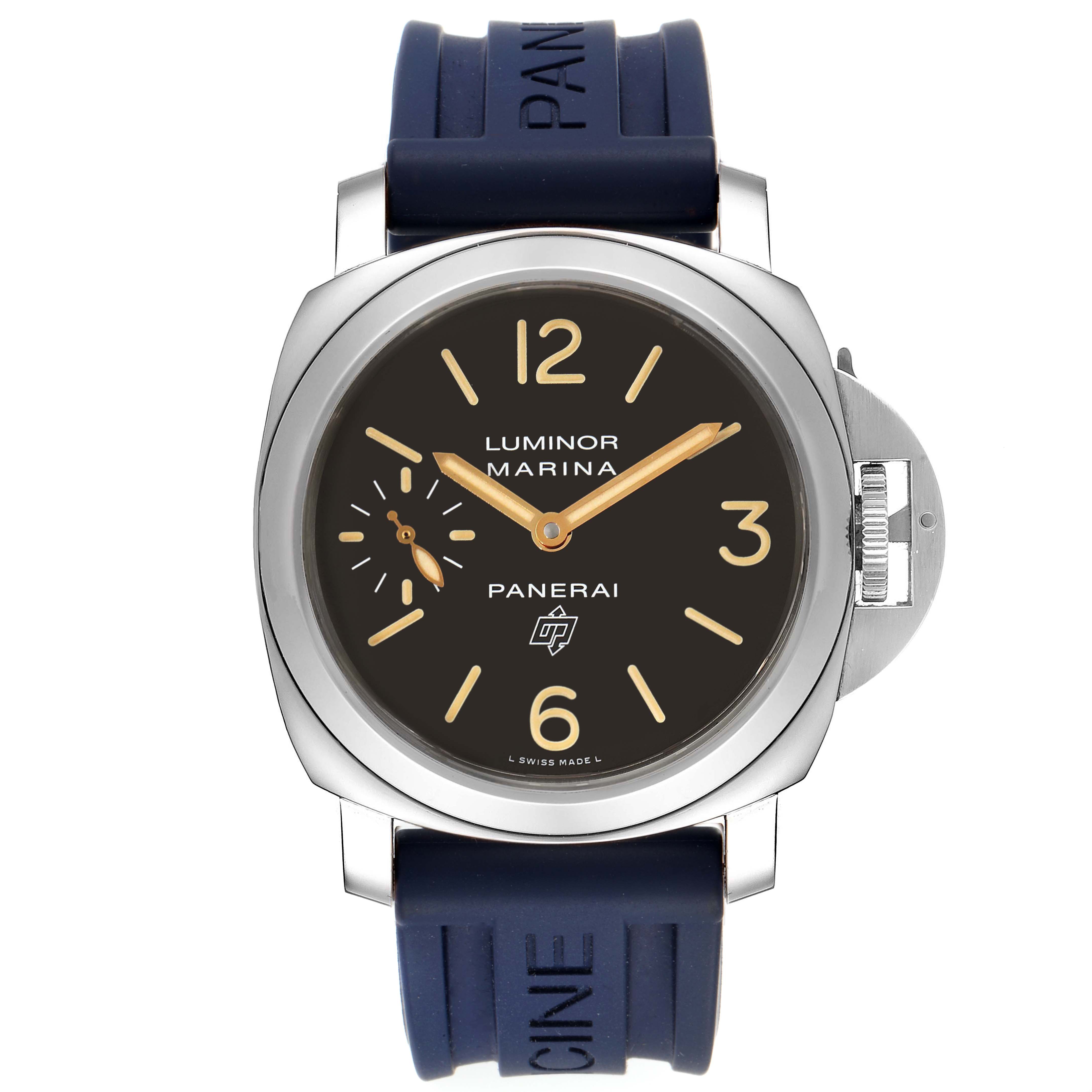 The image shows a front view of a Panerai Luminor PAM00632 Men's Stainless Steel Brown Dial PAM00632 Men's Stainless Steel Brown Dial model watch with a black dial and a blue rubber strap.