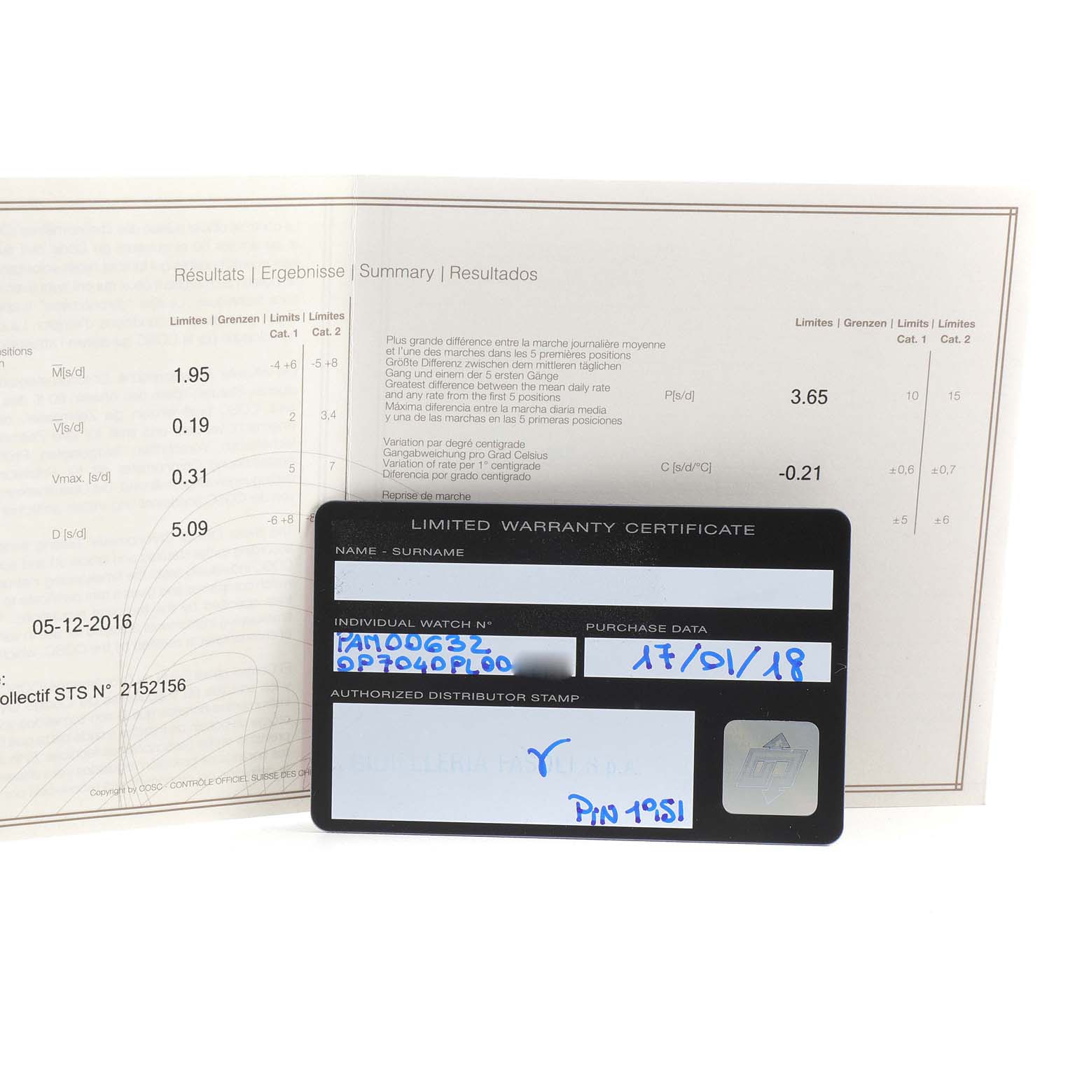 The image shows a limited warranty certificate and summary result document for a Panerai Luminor PAM00632 Men's Stainless Steel Brown Dial PAM00632 Men's Stainless Steel Brown Dial model watch.