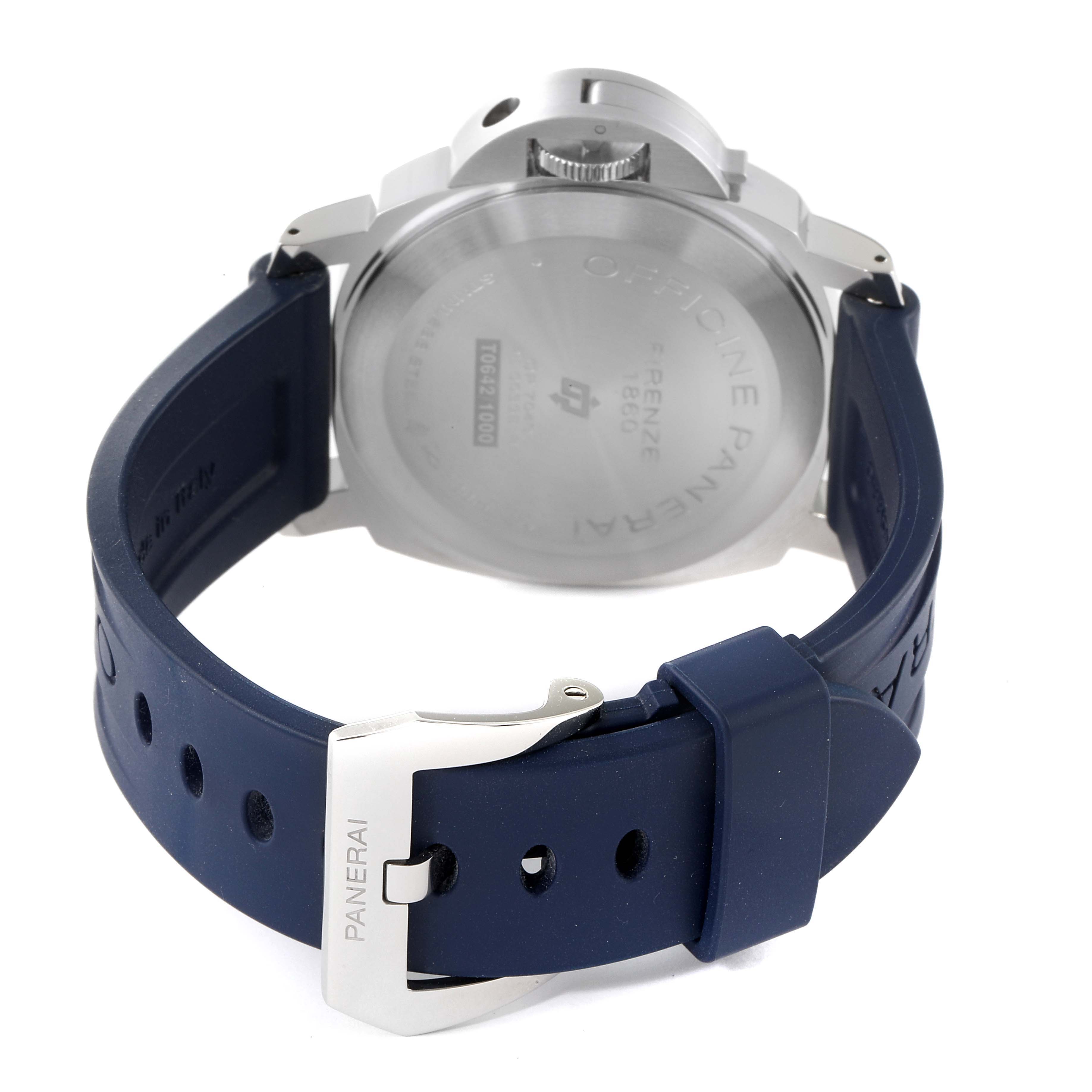 The image shows the back view of a Panerai Luminor PAM00632 Men's Stainless Steel Brown Dial PAM00632 Men's Stainless Steel Brown Dial watch, focusing on the case and blue strap with the brand's name on the buckle.