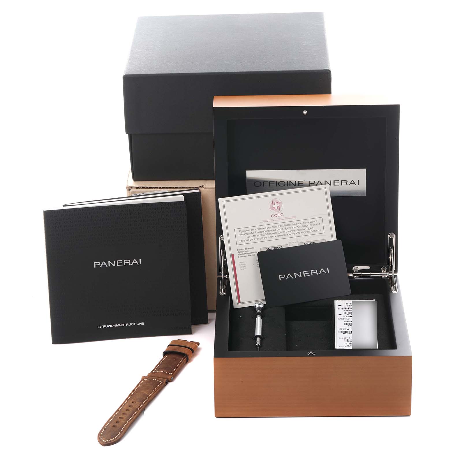 The image shows a Panerai Luminor PAM01088 Men's Stainless Steel Black Dial PAM01088 Men's Stainless Steel Black Dial box and accessories, including manuals, a strap, and warranty cards at an angle highlighting the open box.