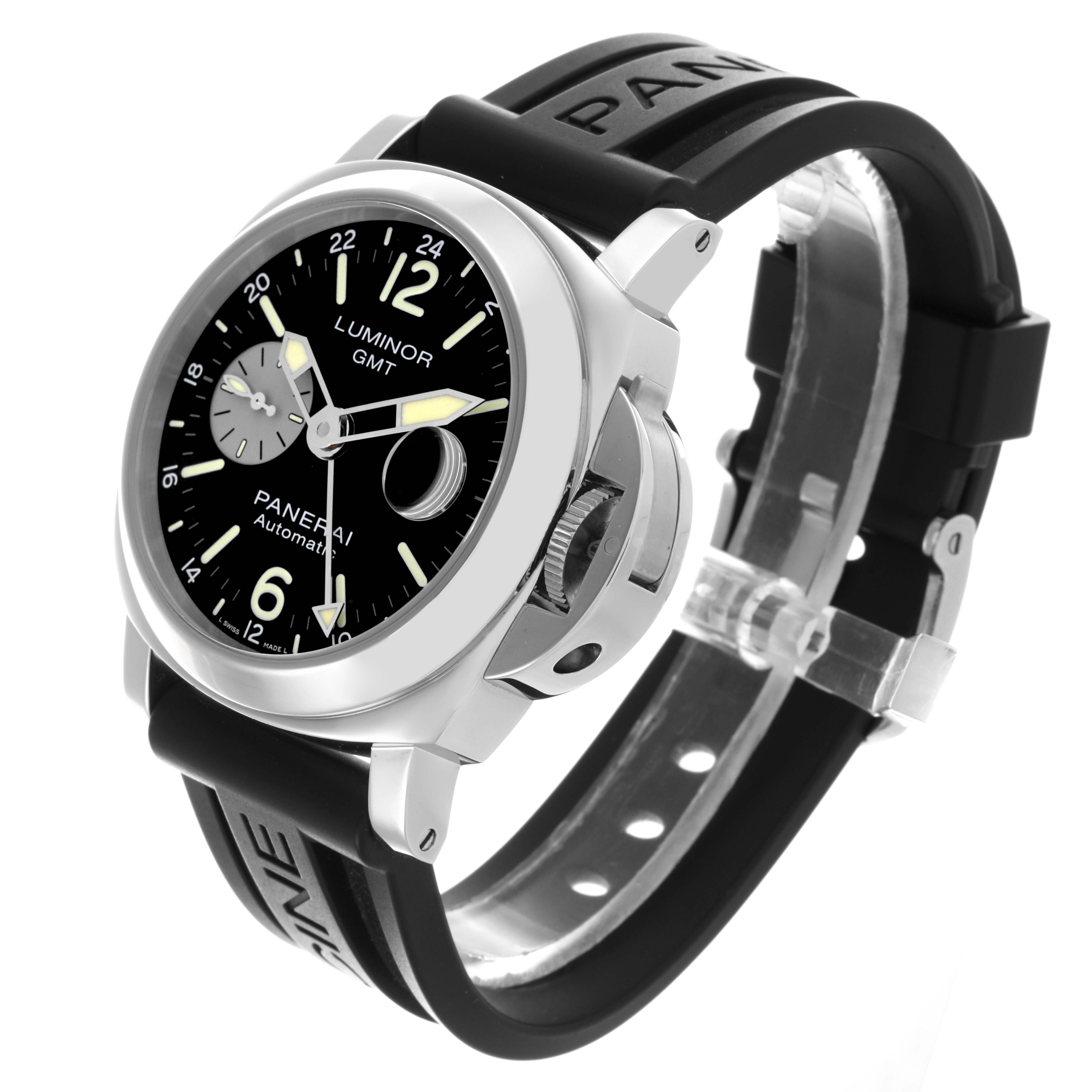The Panerai Luminor PAM01088 Men's Stainless Steel Black Dial PAM01088 Men's Stainless Steel Black Dial watch is shown at a three-quarter angle, highlighting the face, bezel, crown, and strap.