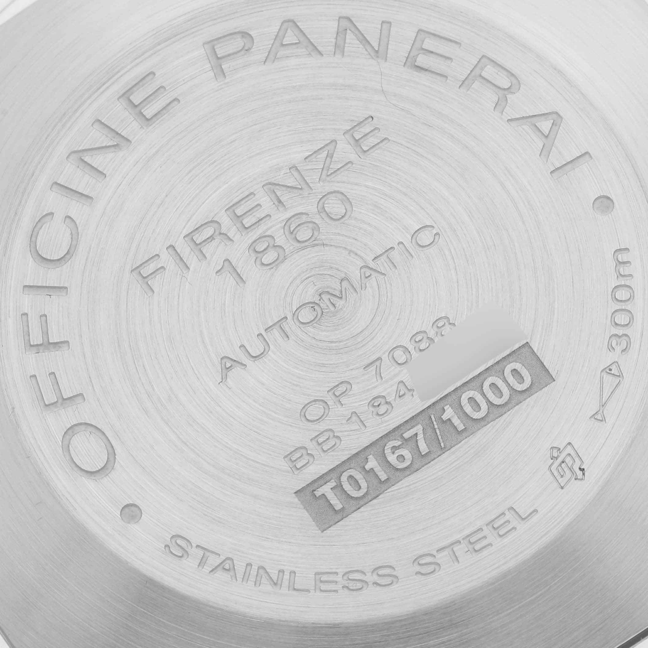 The image shows the back case of a Panerai Luminor PAM01088 Men's Stainless Steel Black Dial PAM01088 Men's Stainless Steel Black Dial watch, featuring engravings and serial details.