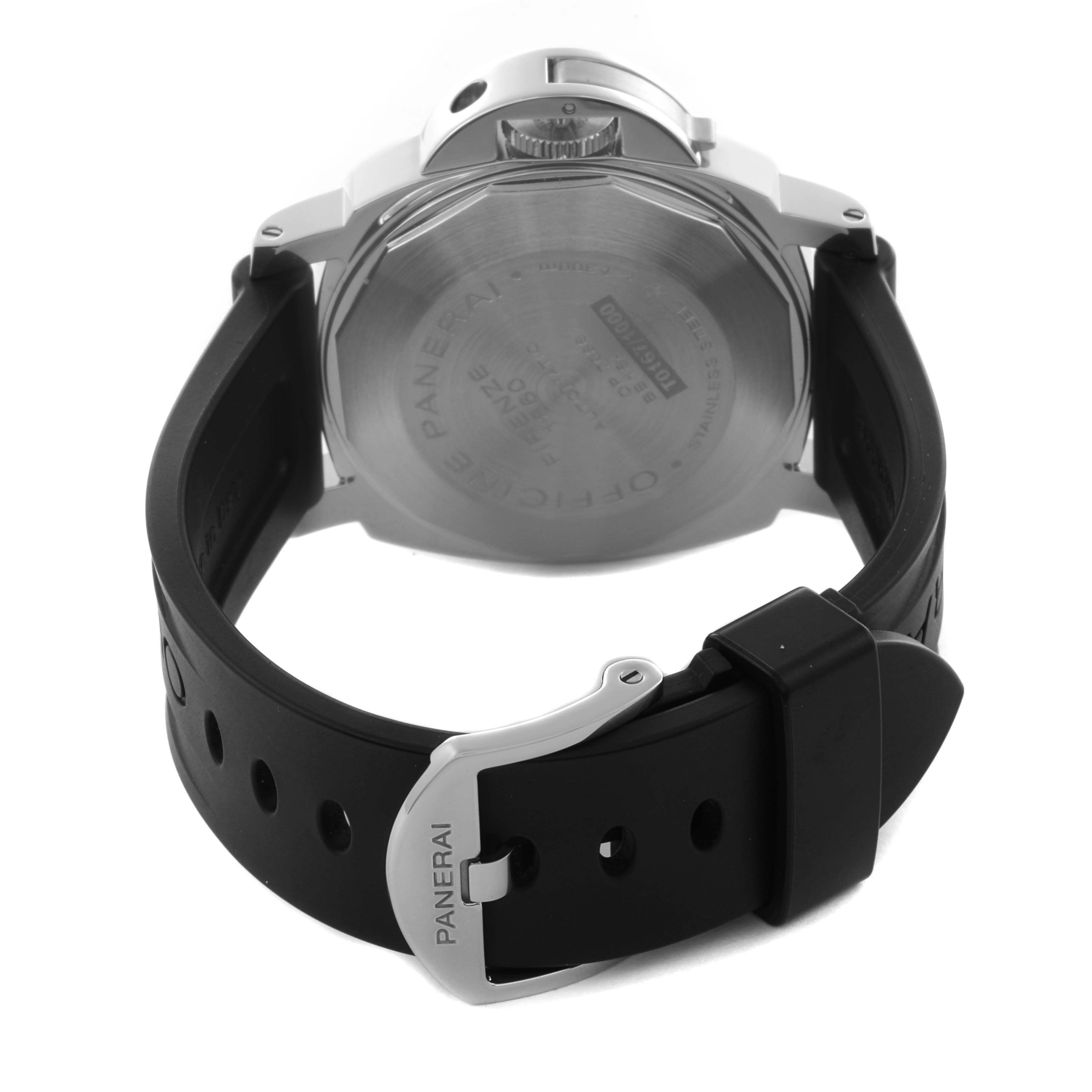 The image shows the back of a Panerai Luminor PAM01088 Men's Stainless Steel Black Dial PAM01088 Men's Stainless Steel Black Dial watch, highlighting the case back, crown, and black rubber strap with buckle.