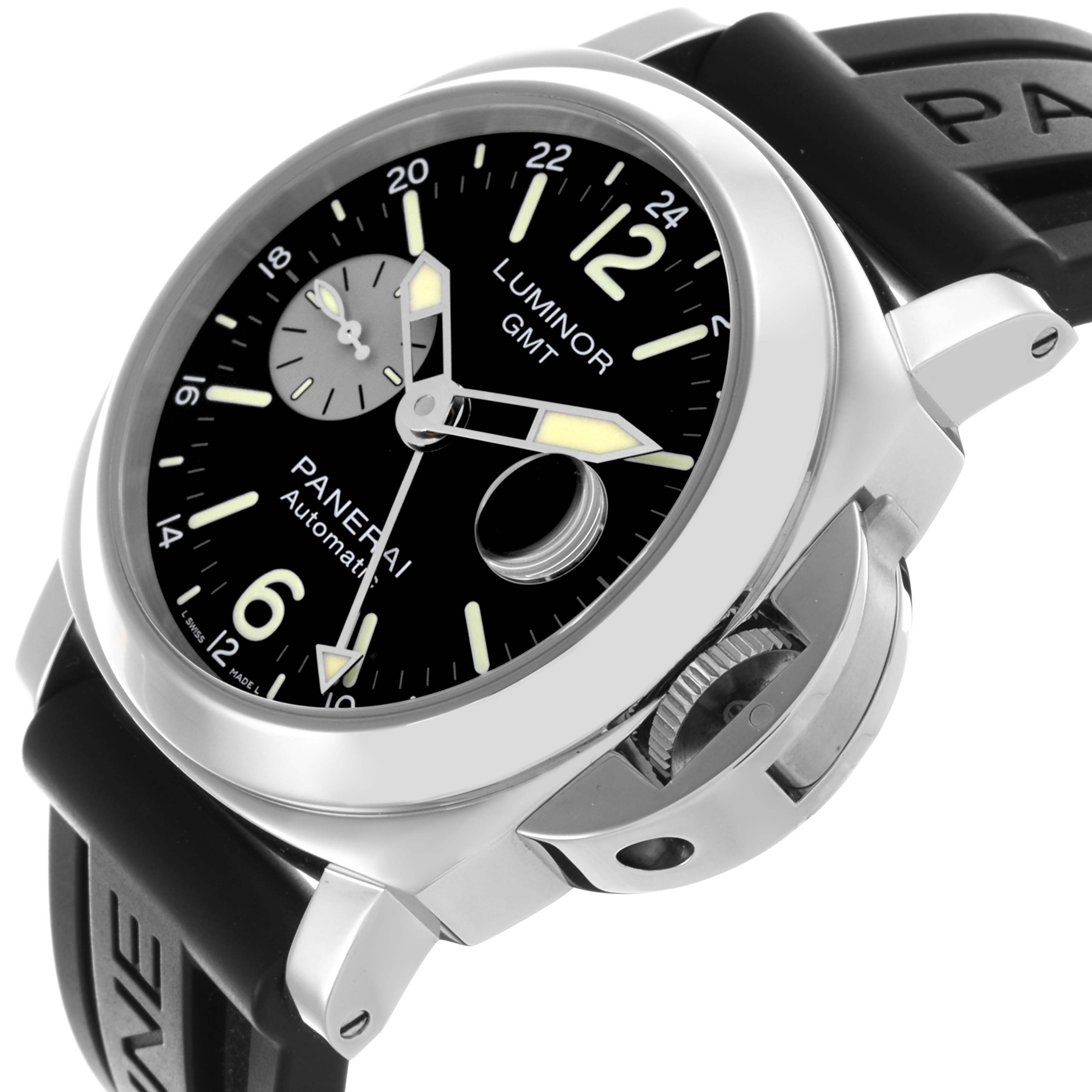 The image shows a Panerai Luminor PAM01088 Men's Stainless Steel Black Dial PAM01088 Men's Stainless Steel Black Dial watch at an angled side view, highlighting its black dial, crown guard, and rubber strap.