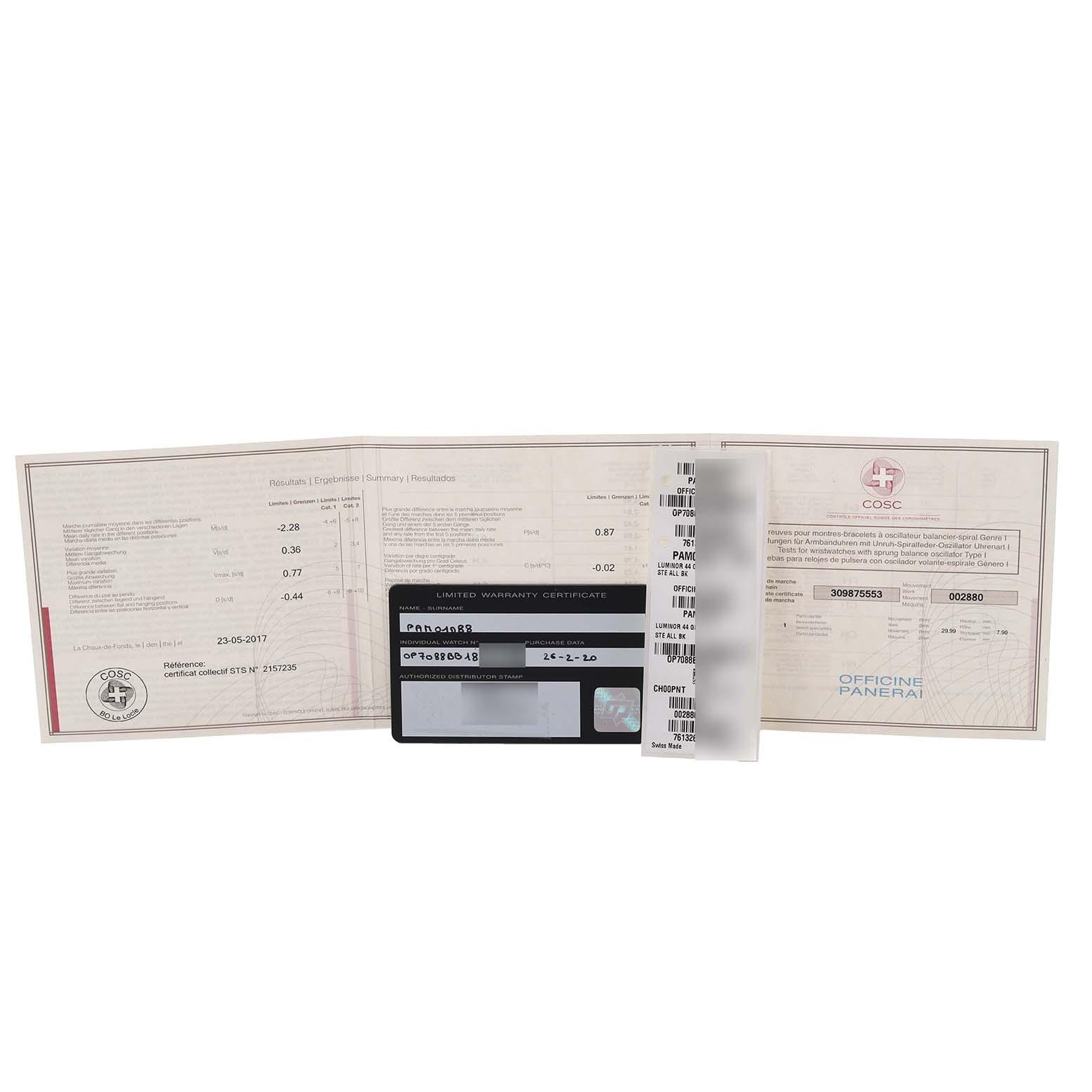 The image shows the warranty certificate, documentation, and serial labels for a Panerai Luminor PAM01088 Men's Stainless Steel Black Dial PAM01088 Men's Stainless Steel Black Dial model at a frontal angle.