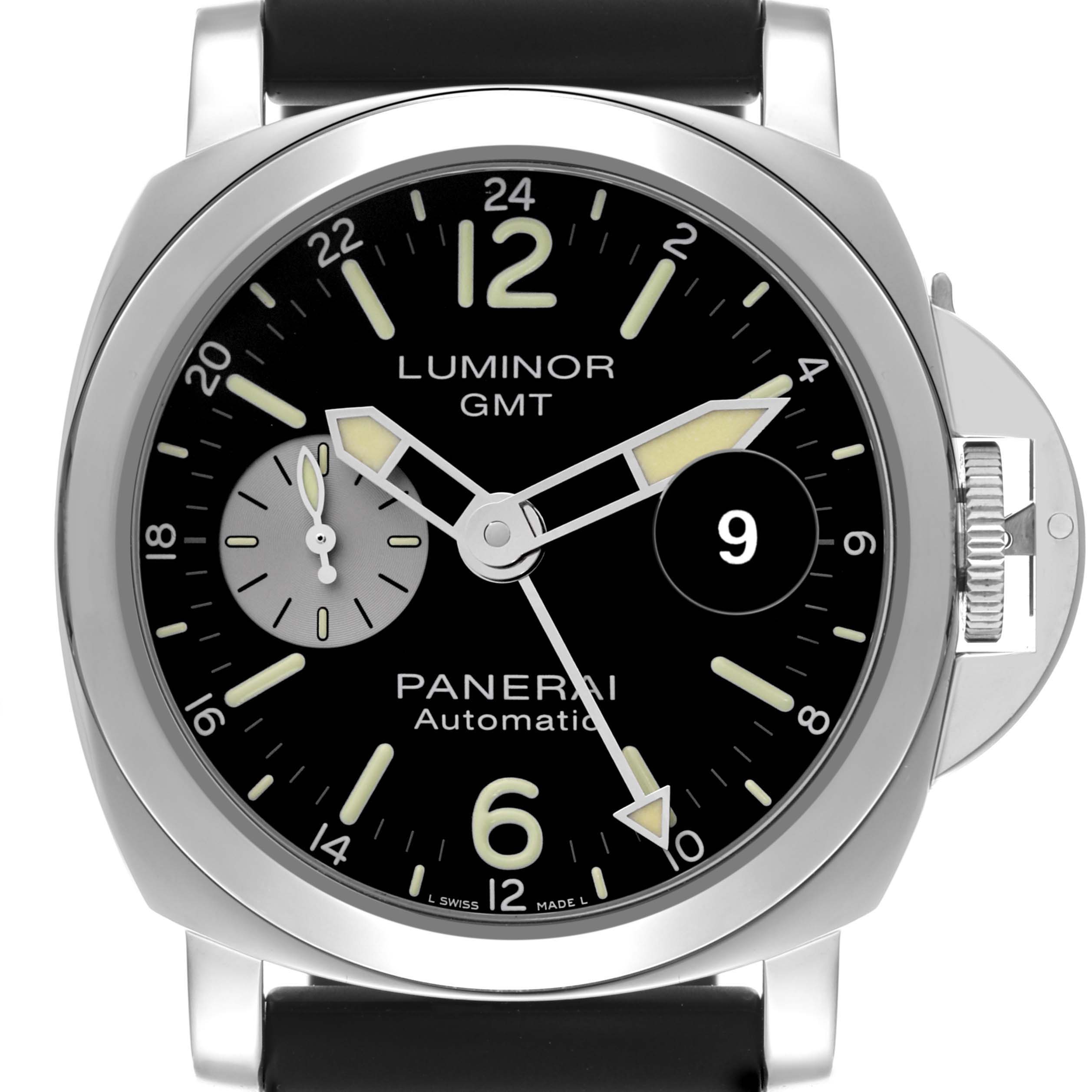 The image shows a front view of the Panerai Luminor PAM01088 Men's Stainless Steel Black Dial PAM01088 Men's Stainless Steel Black Dial watch, highlighting its dial, hands, date, and crown guard.