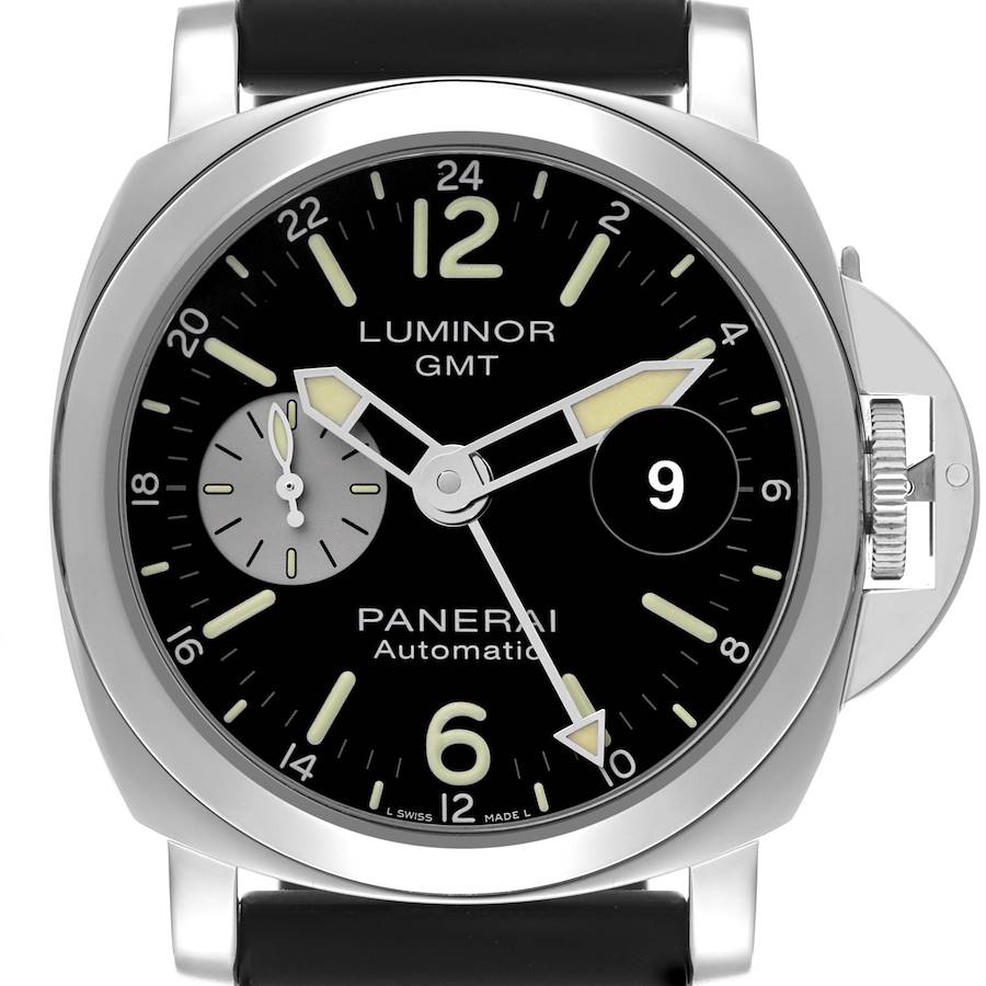 The image shows a front view of the Panerai Luminor watch, highlighting its dial, hands, date, and crown guard.